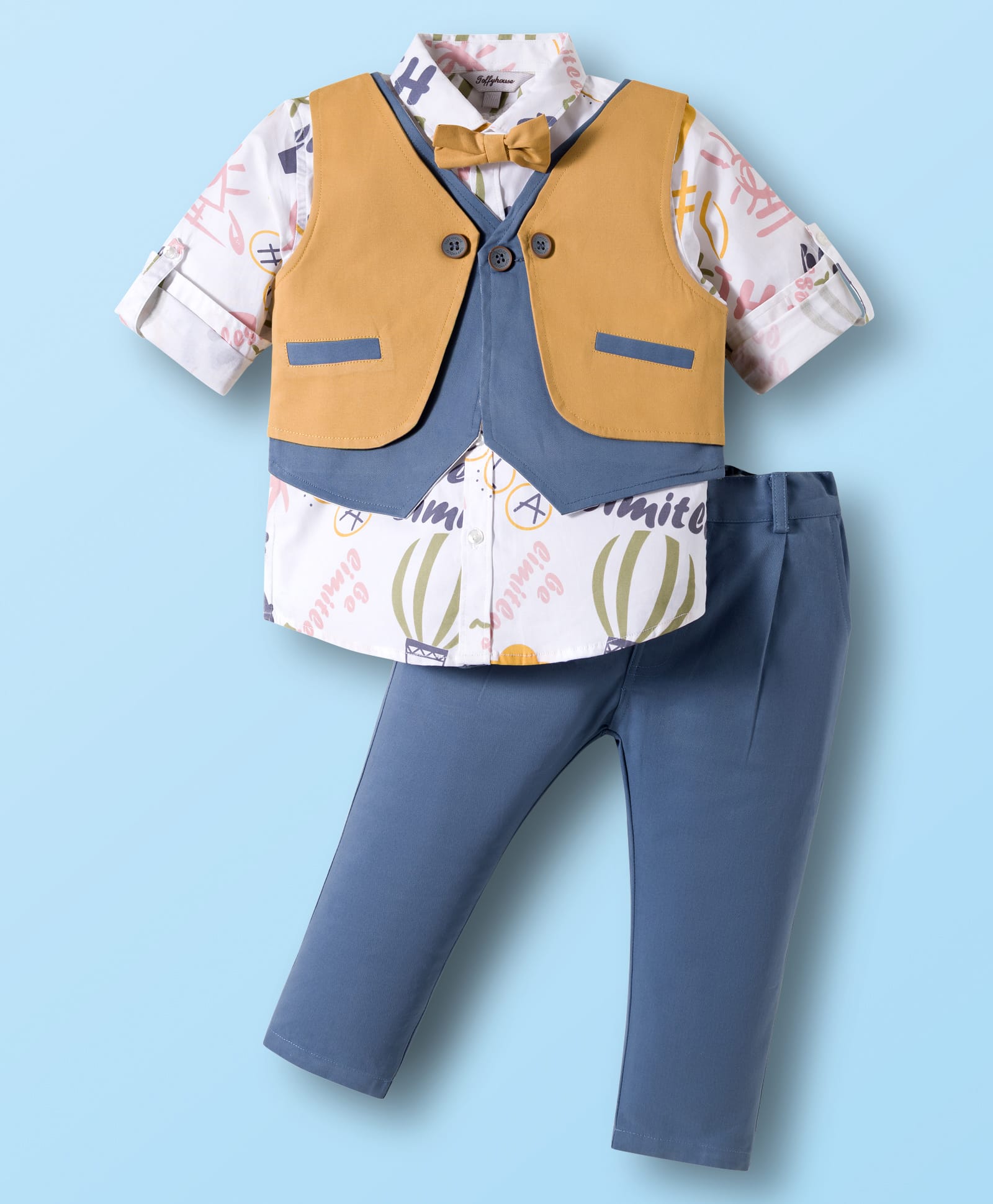 ToffyHouse Cotton Knit Full Sleeves Printed 3 Piece Party Suit With Bow - Blue-picture-22