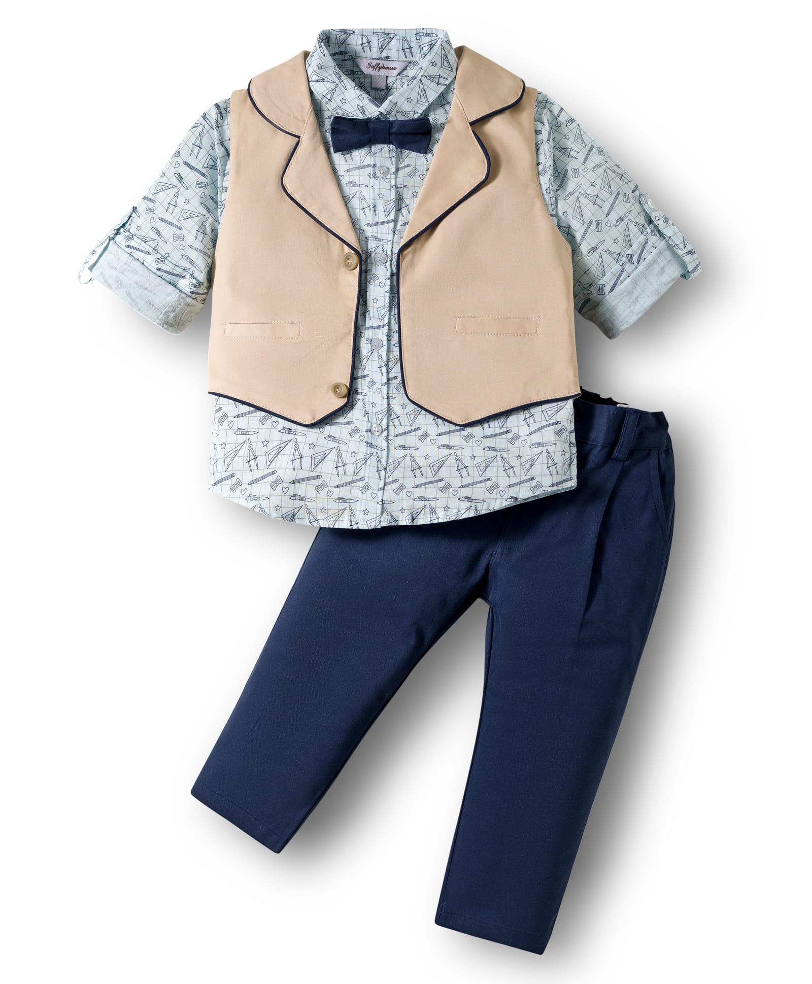 ToffyHouse Cotton Knit Full Sleeves Printed 3 Piece Party Suit With Bow - Navy Blue-picture-17