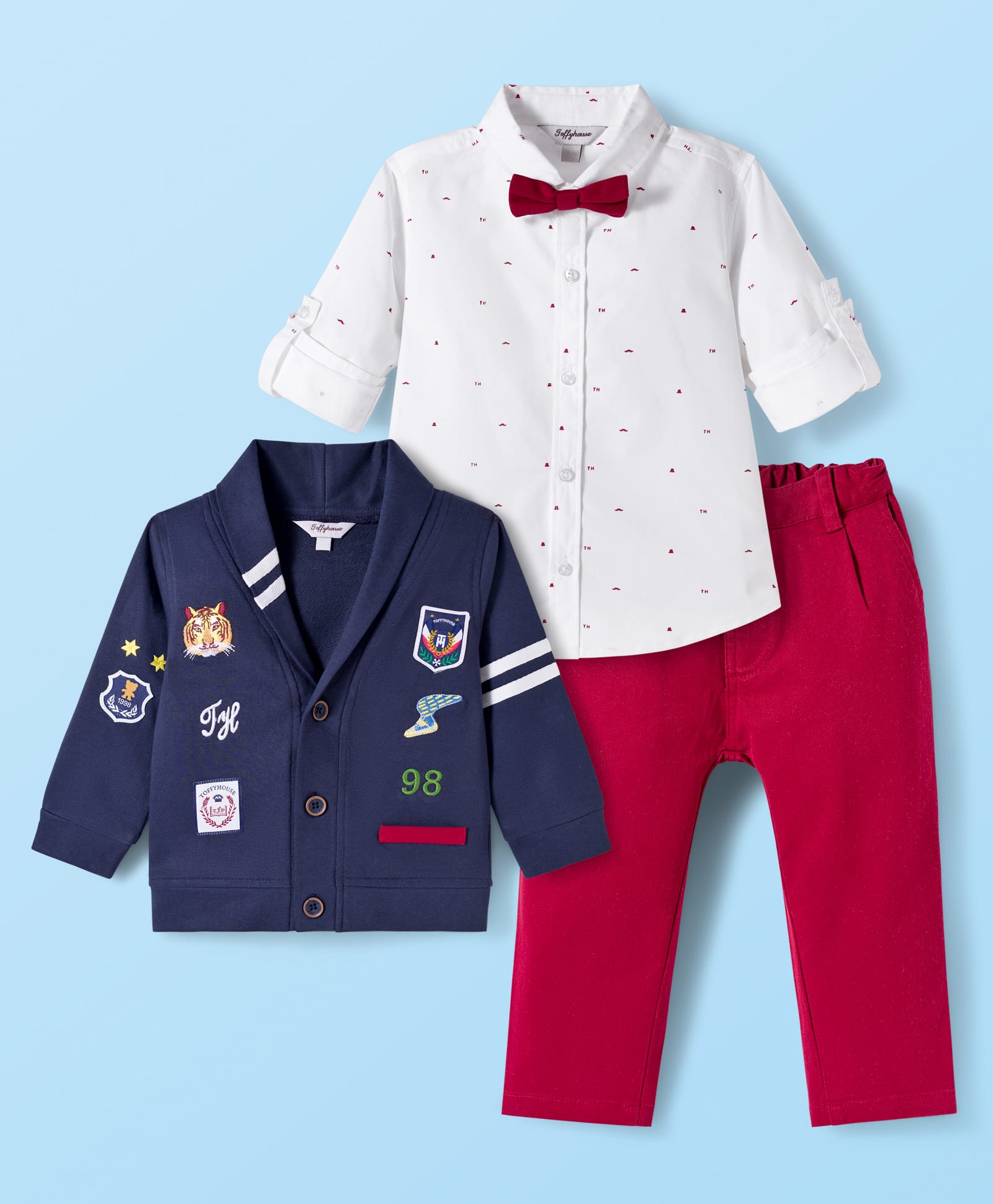 ToffyHouse Cotton Woven Full Sleeves 3 Piece Party Suit With Animal Embriodery & Bow - Navy Blue & White-picture-14