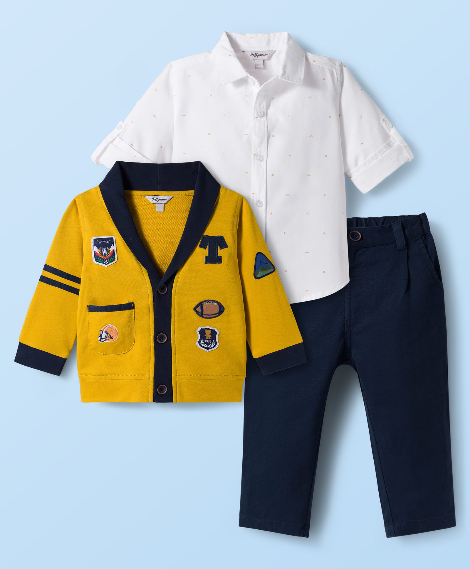 ToffyHouse Cotton Woven Full Sleeves Party Shirt & Jeans Set With Jacket - Golden-image-3