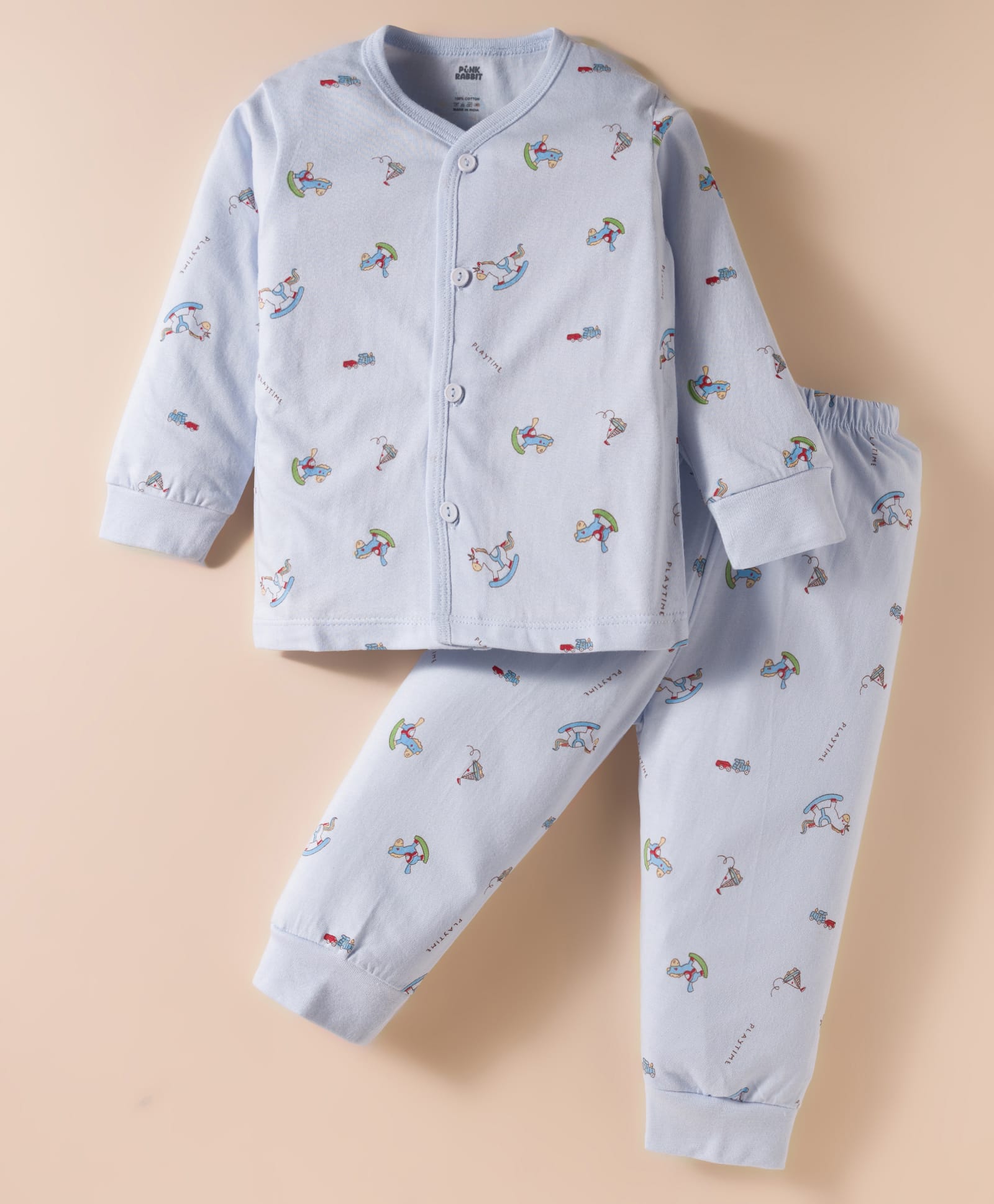 Pink Rabbit Single Jersey Knit Full Length Night Suit With Animal Print - Light Blue-image-46