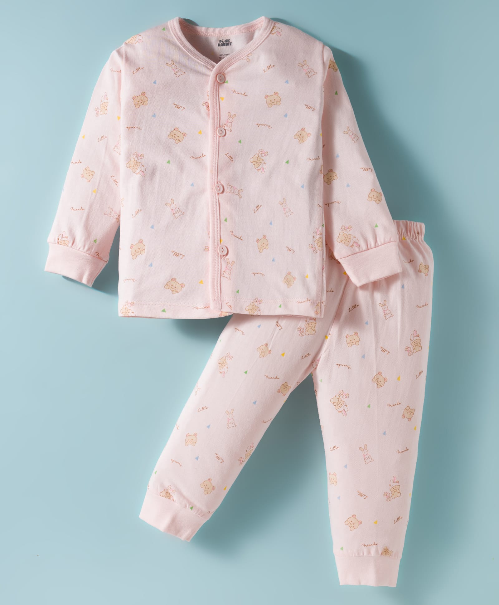 Pink Rabbit Single Jersey Full Sleeves Night Suit With Animal Print - Pink-image-49
