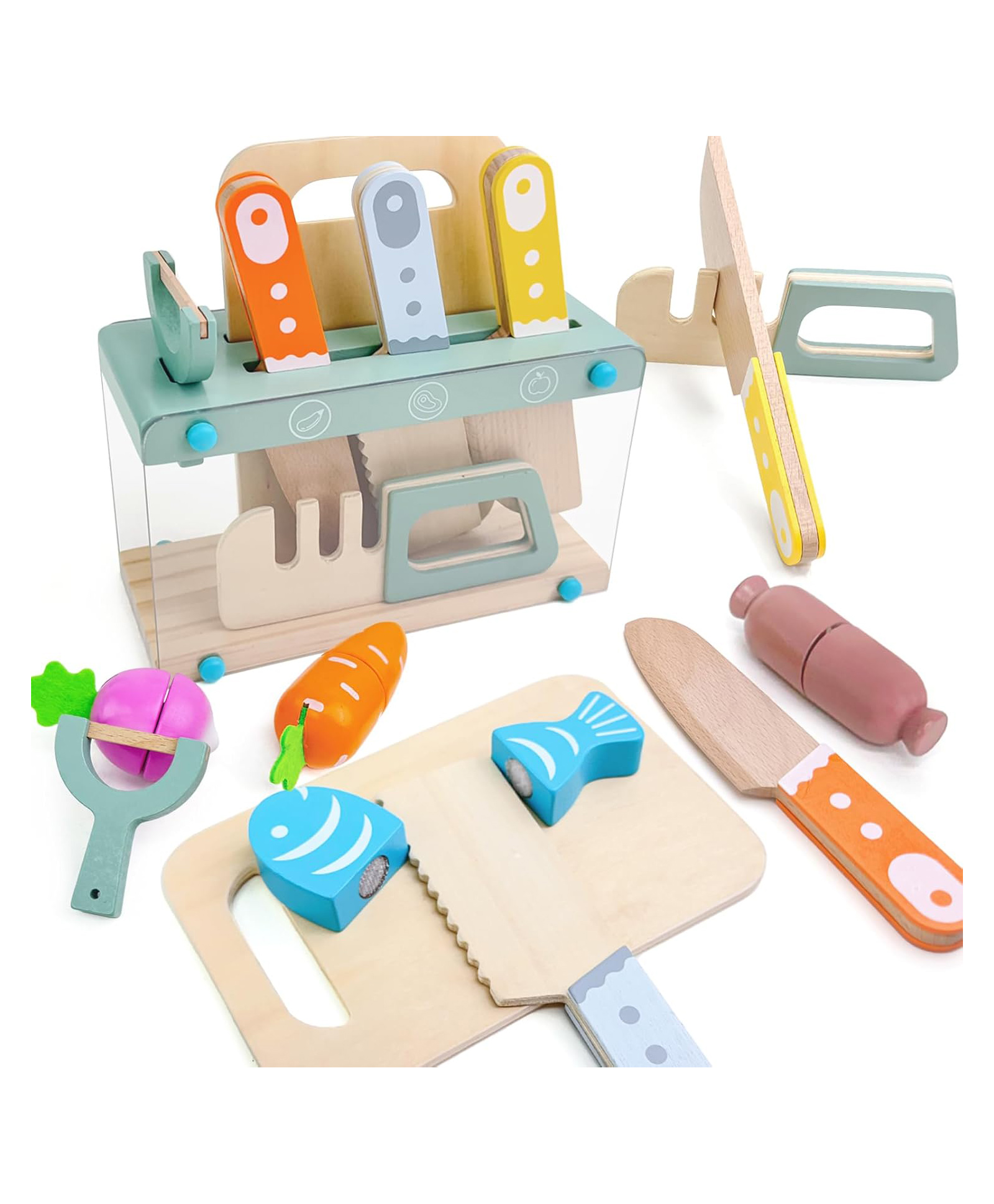 SANJARY Wooden Kitchen Play Set, Kids Cutting Board with Toy Vegetables and Utensils, Educational Learning Toy color design may vary-picture-33