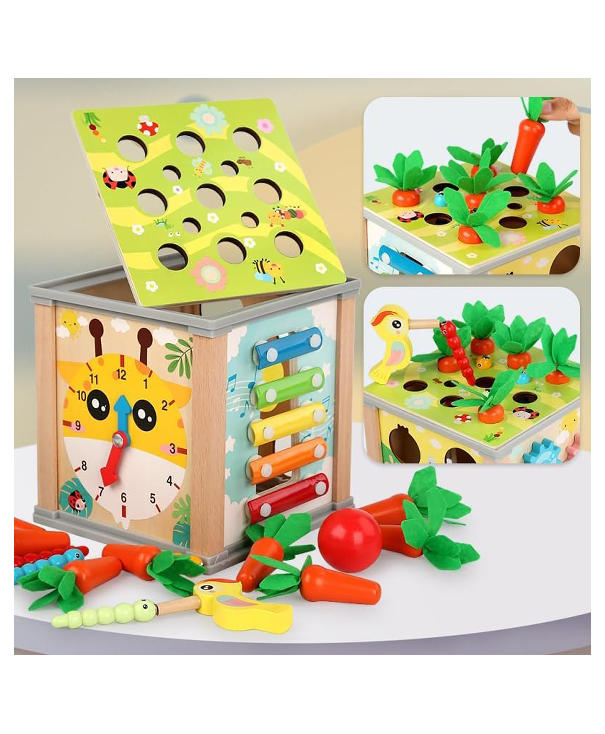 SANJARY 6in1 Wooden Activity Cube, Toddlers Toy Shape Color Sorting Blocks, Early Learning Fine Motor Skills, Carrot Harvest Game, Wood Baby Toys color design may vary-image-19