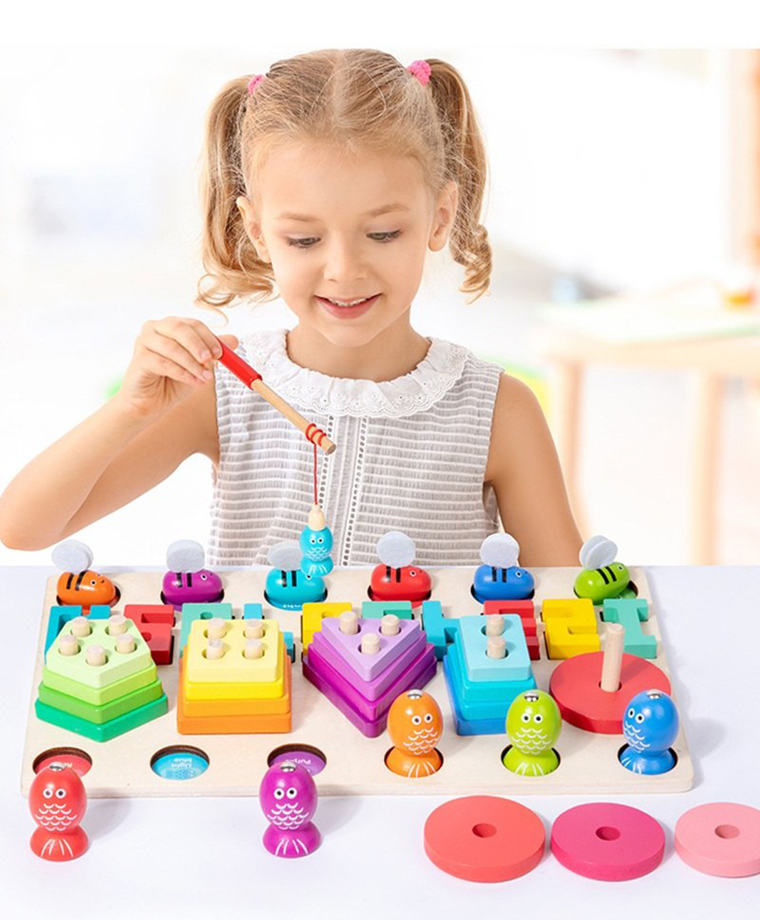 SANJARY Wooden Number Puzzle Toys Sorting Stacking matching Fishung Toy Gift for kids color design may vary-image-49