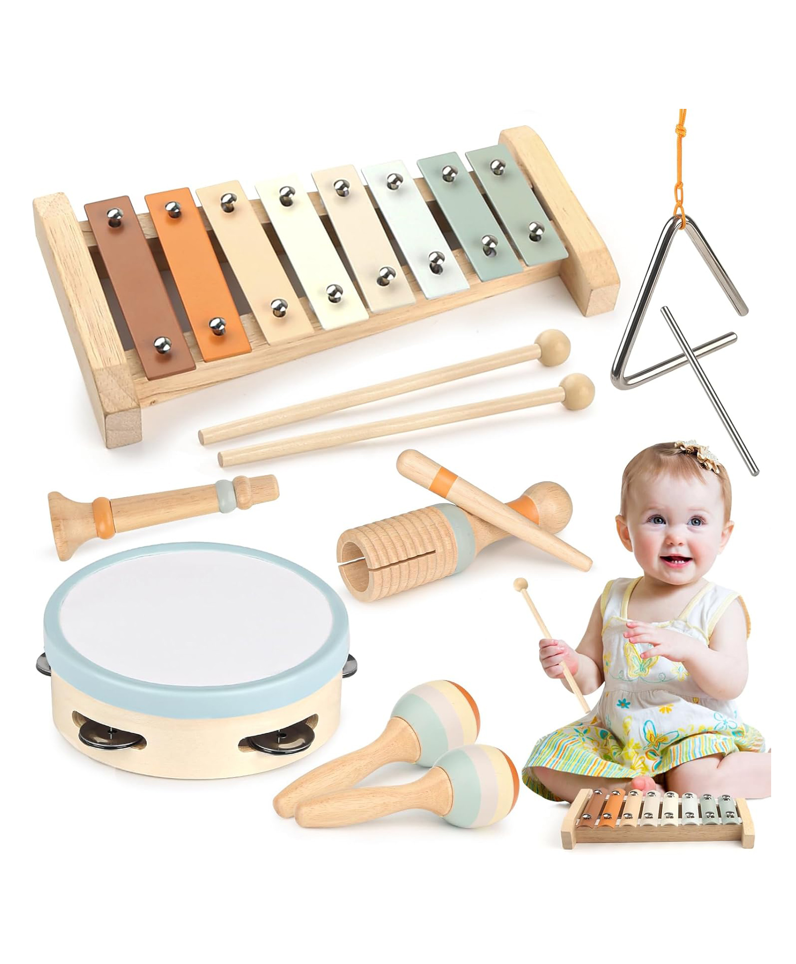 SANJARY Musical Instruments for Children Wooden Drum Set Xylophone toy for for kids color design may vary