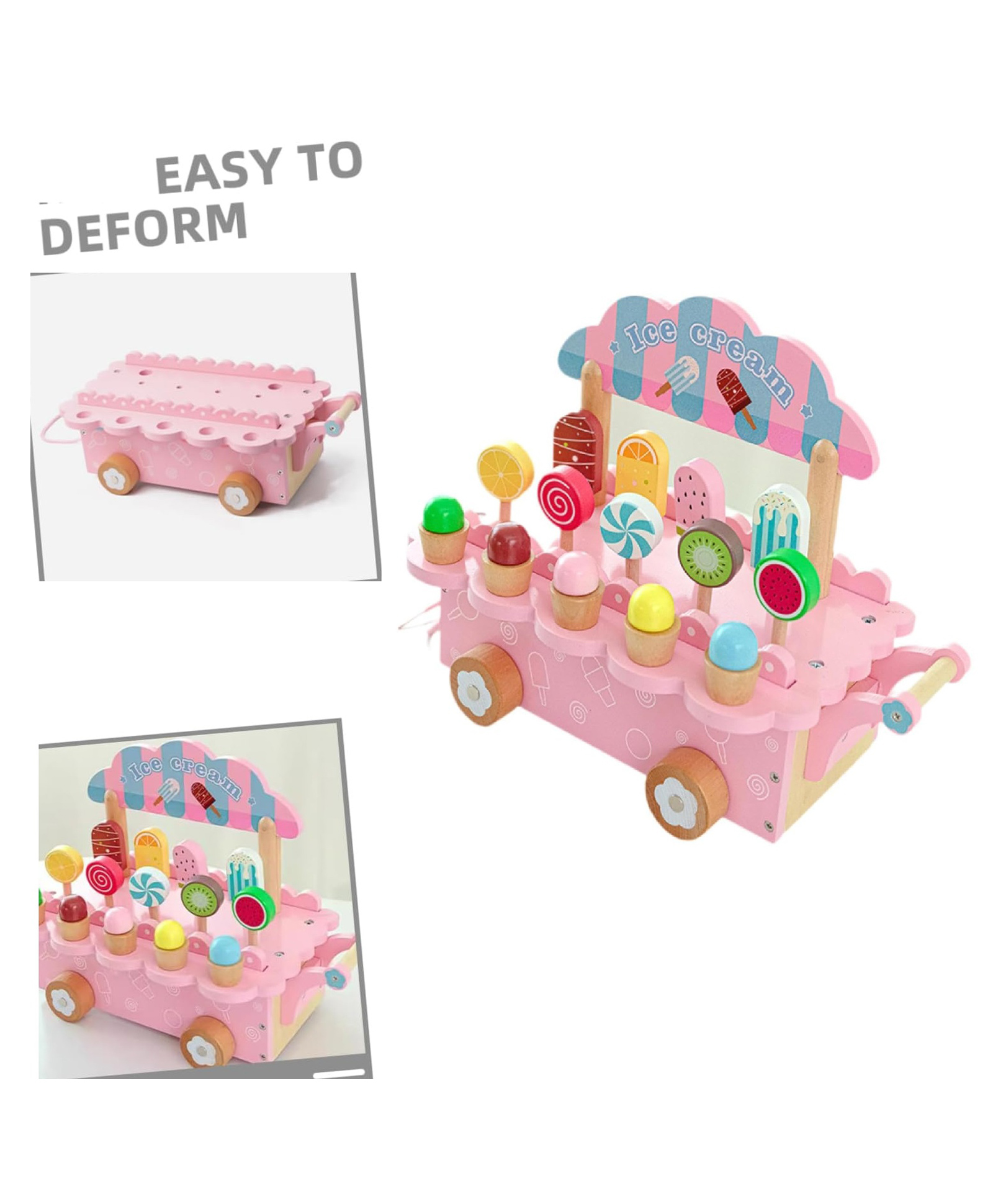 SANJARY Wooden Ice Cream Cart truck set with accessories pull along cart toy Pretend Play Toys for kids color design may vary-image-24