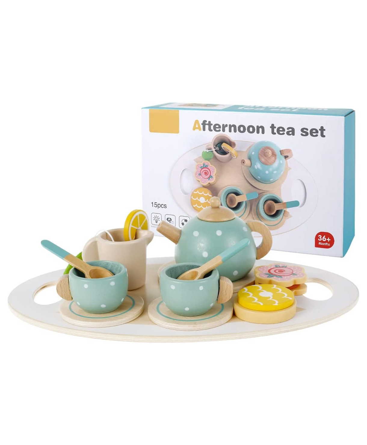 SANJARY Afternoon Tea Set Toy, Wooden Tea Set for Kids, Tea Party Set for Kids, Toy Tea Cup Set, Kids Play Wooden Tea Set for Kids color design may vary-image-5
