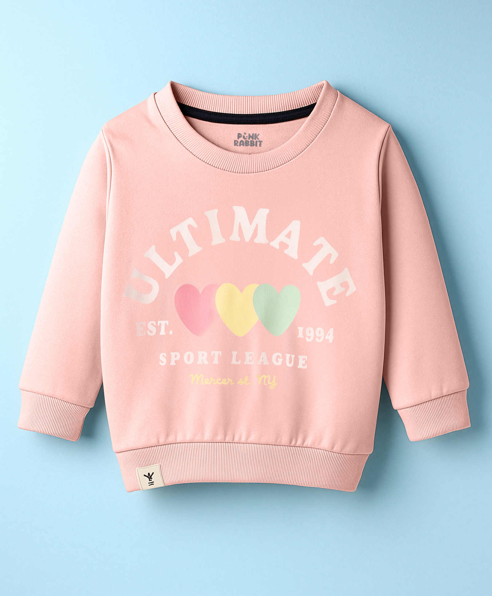 Pink Rabbit Looper Knit Full Sleeves T-Shirt with Text Graphic - Peach-image-1