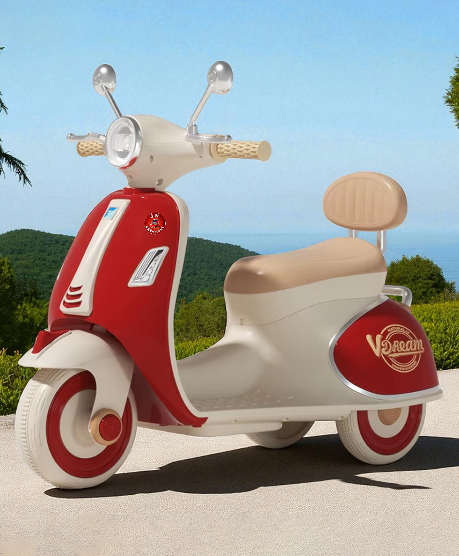 JN Creations 3-Wheel Vintage Rechargeable Battery Operated Ride-On V-DREAM 6188 Scooter for Kids (RED)-image-44