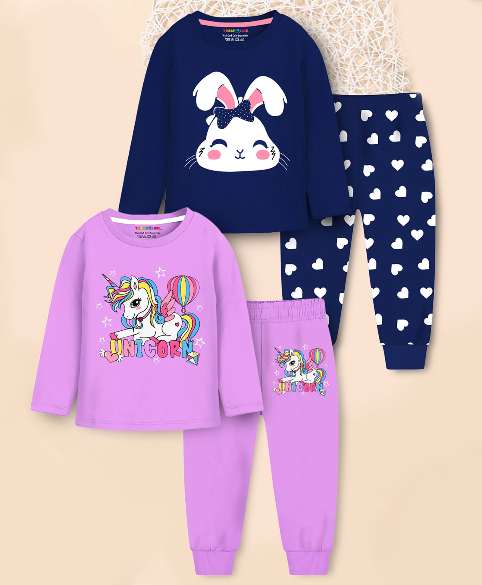 Trampoline Cotton Blend Knit Pack Of 2 Full Sleeves Unicorn Printed Tee & Pajama Set - Blue & Purple-image-11