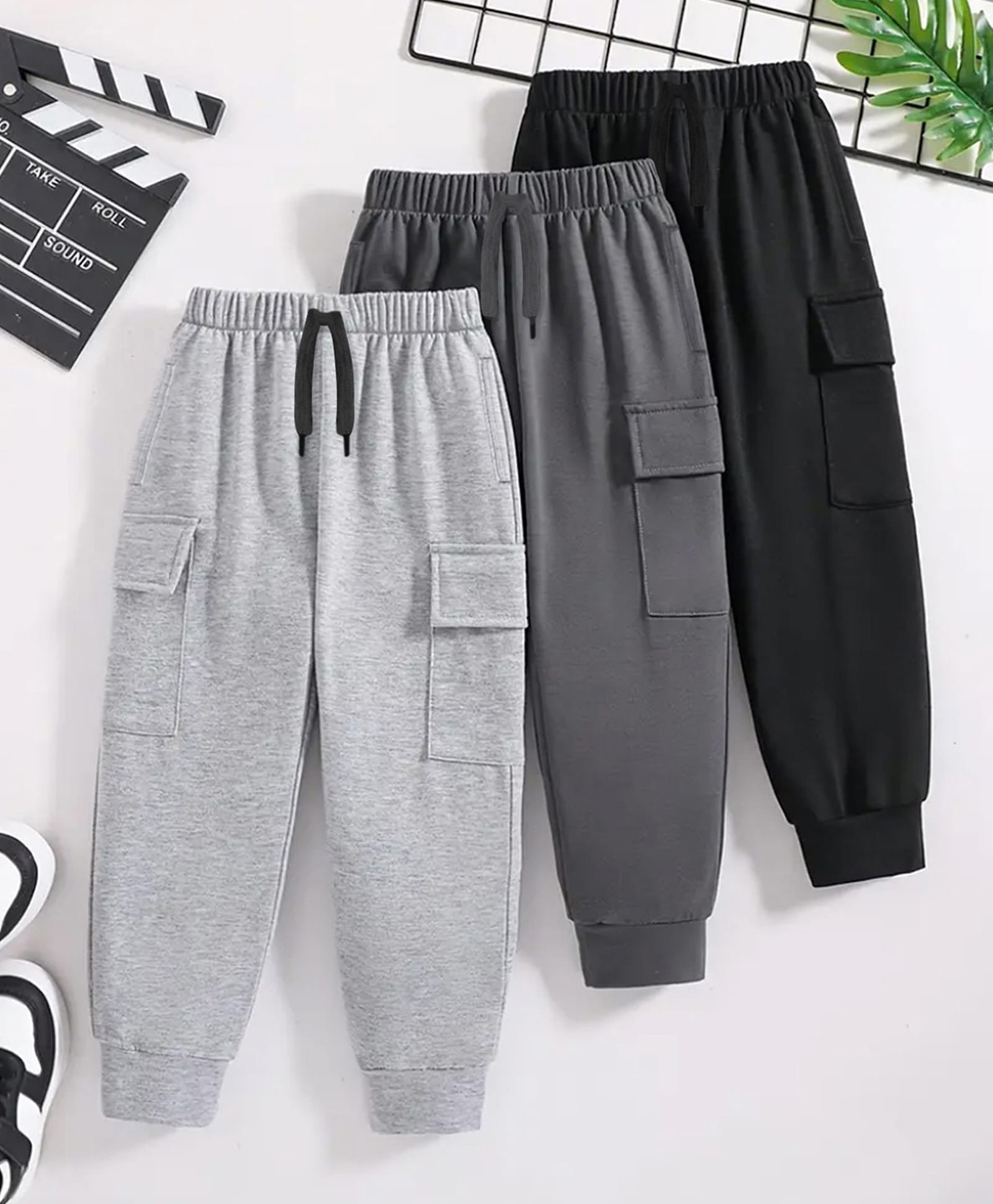 Trampoline Cotton Blend Knit Pack Of 3 Solid Cargo Joggers - Dark Grey & Black-picture-22