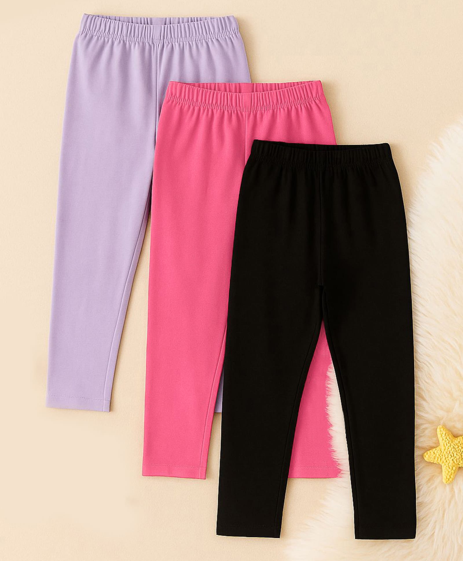 Trampoline Cotton Lycra Knit Pack Of 3 Full Length Solid Leggings - Purple Pink & Black-picture-28