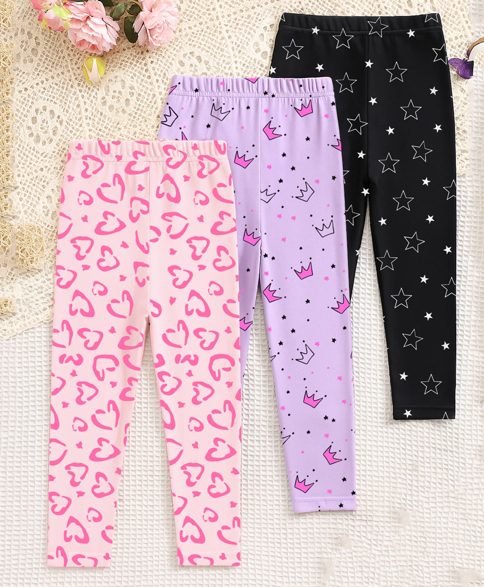 Trampoline Cotton Lycra Knit Pack Of 3 Full Length Leopard Printed Hearts & Stars - Purple Pink & Black-picture-12