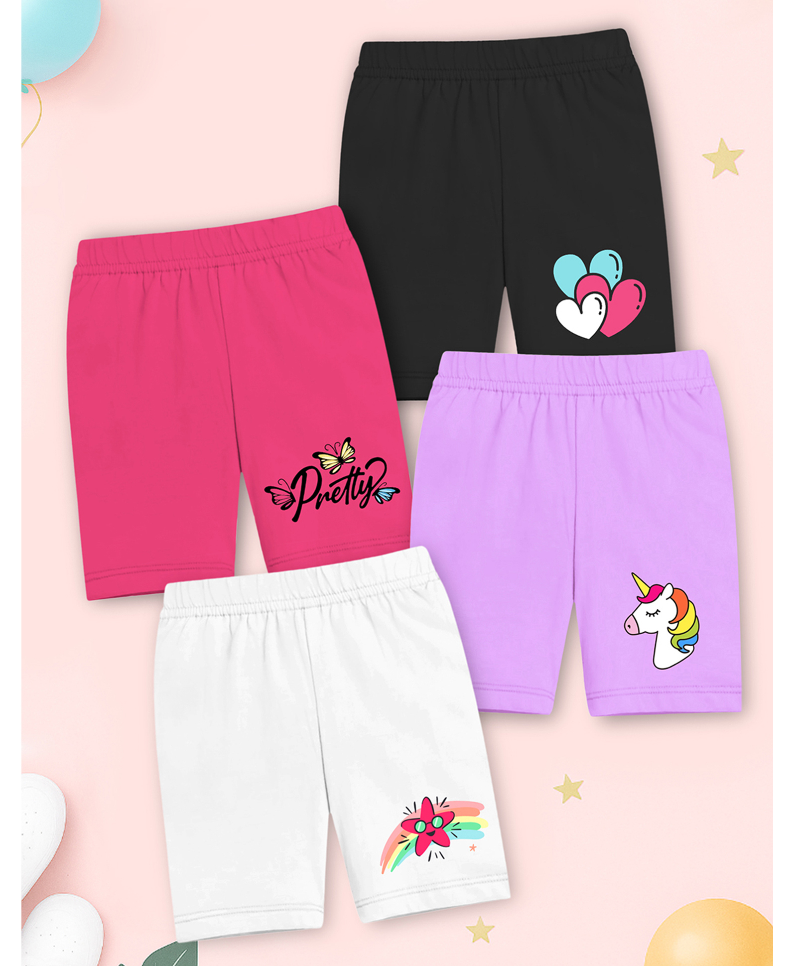 Trampoline Cotton Lycra Knit Pack Of 4 Hearts & Unicorn Printed Cycling Shorts - Multi Colour-picture-25