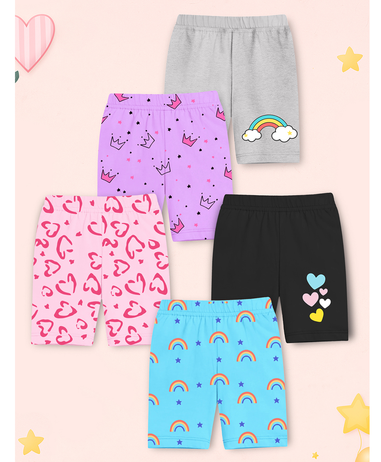 Trampoline Cotton Lycra Knit Pack Of 5 Rainbow & Hearts Printed Cycling Shorts - Multi Colour-image-32