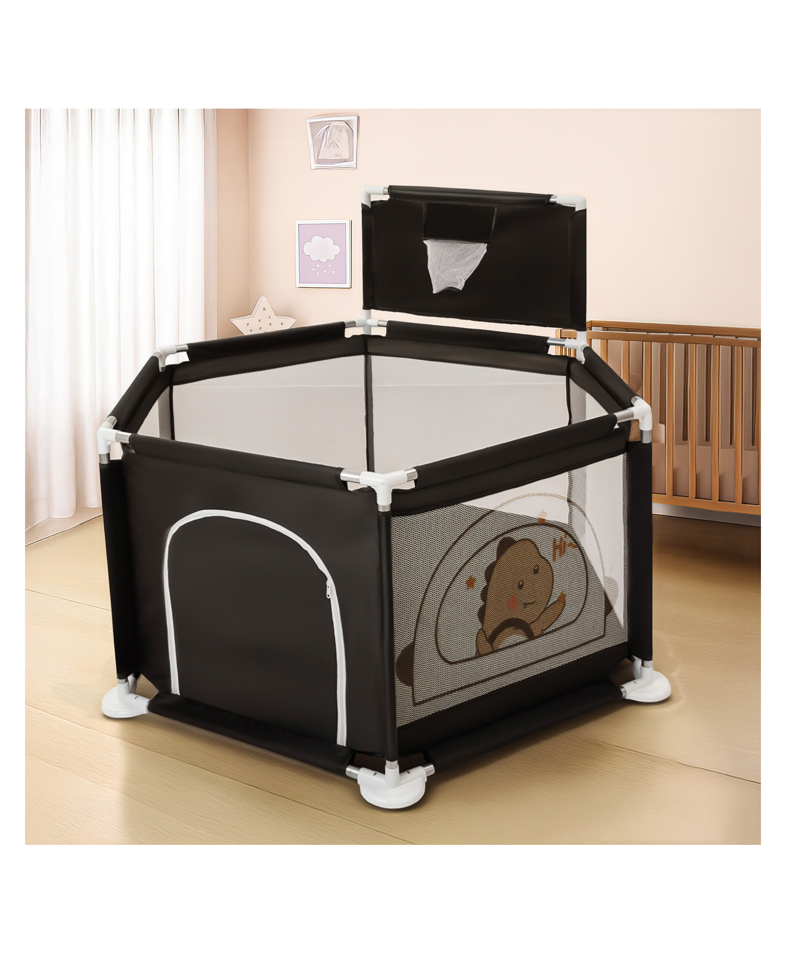 BAYBEE Neo Plus Kids Playpen for Babies | Baby Activity Playards with Basket Ball Hoop - Zipper Door & Corner Protection | Baby Play Area Indoor Setup with Hexagon shape for Extra Space-image-42