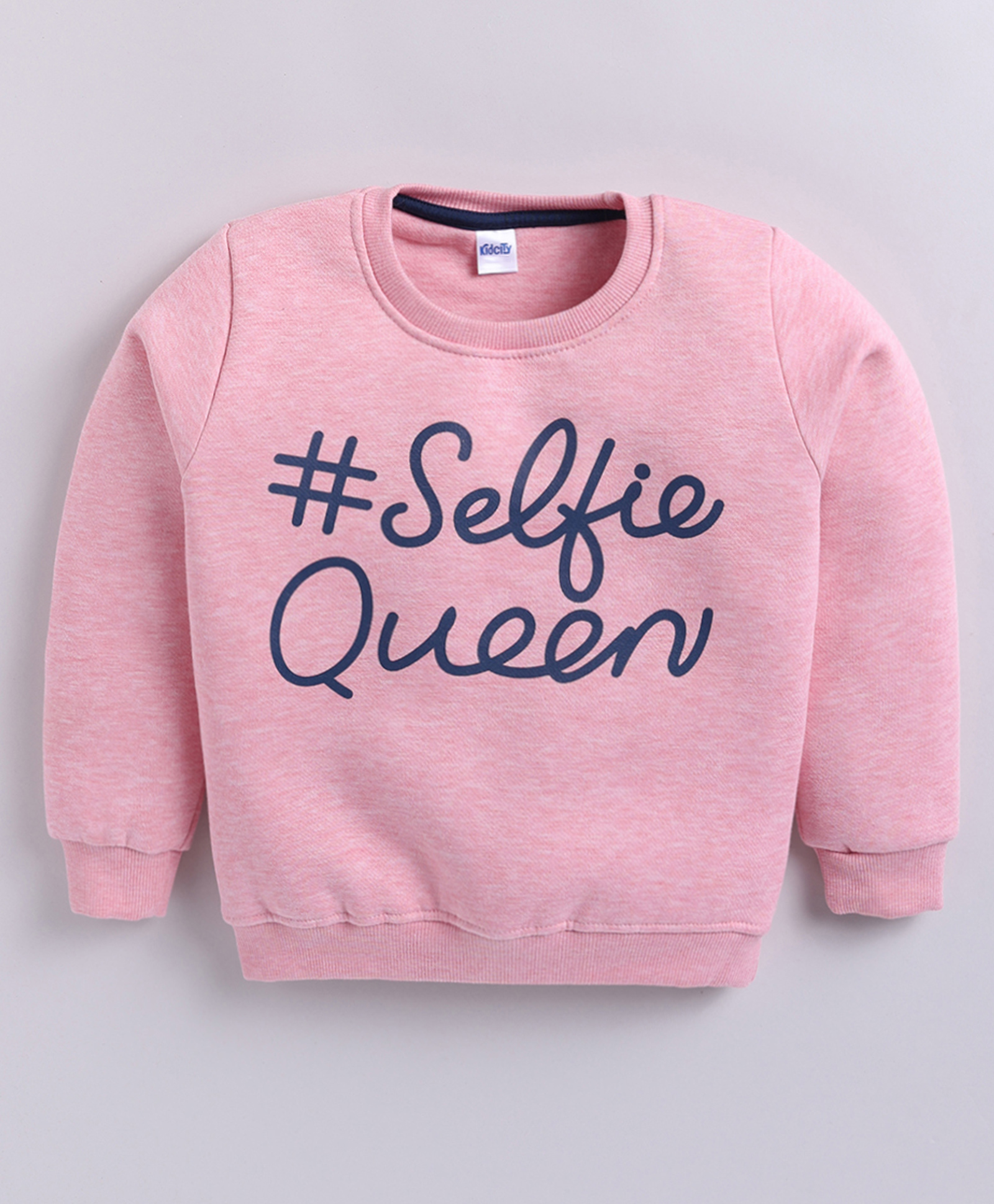 Kidcity Fleece Knit Full Sleeves Selfie Queen Text Printed Light Winter Sweatshirt - Light Pink-picture-18