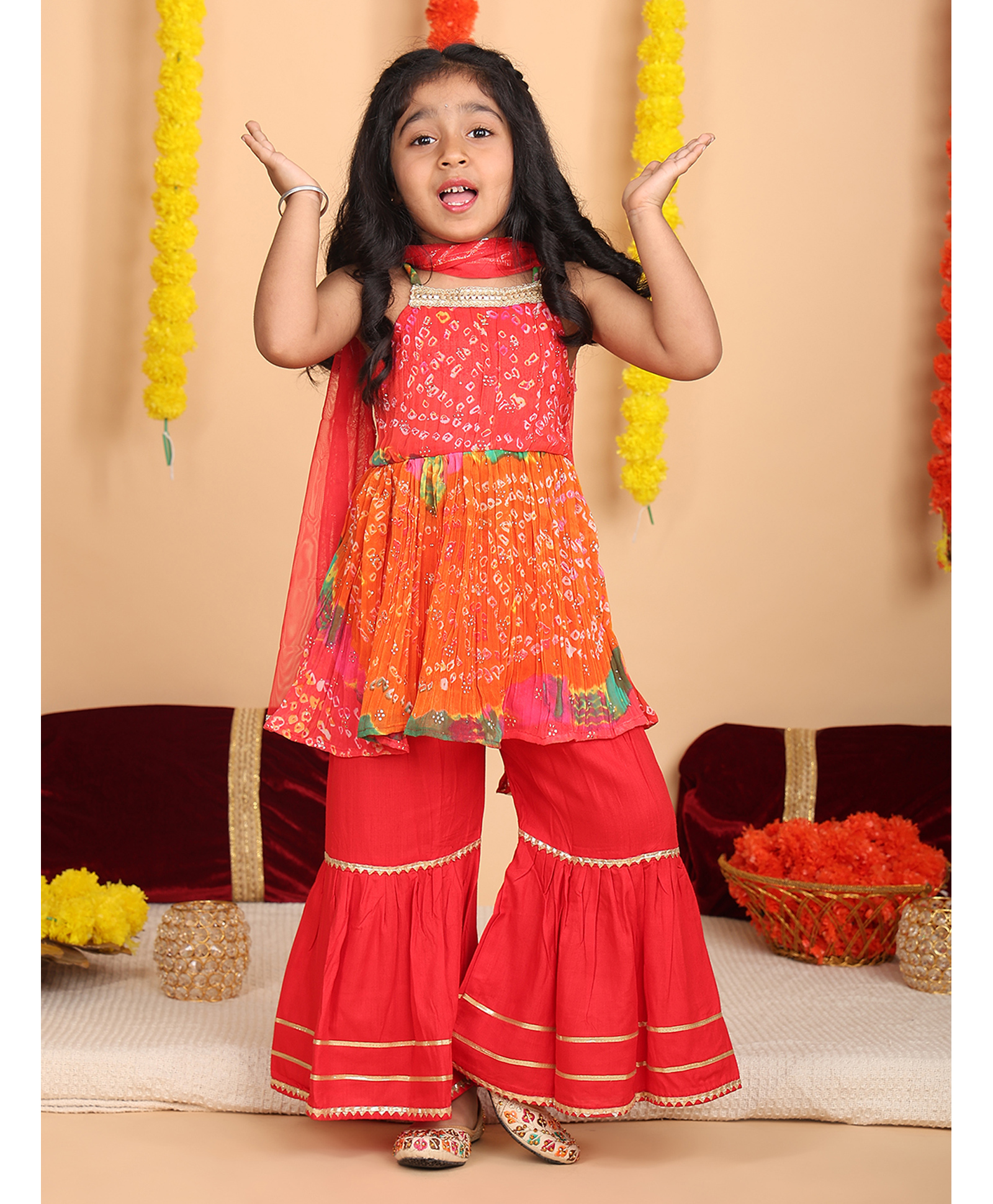 Kinder Kids Cotton Woven Sleeveless Bandhani Printed & Gota Lace Embellished Kurti Sharara With Dupatta Set - Red