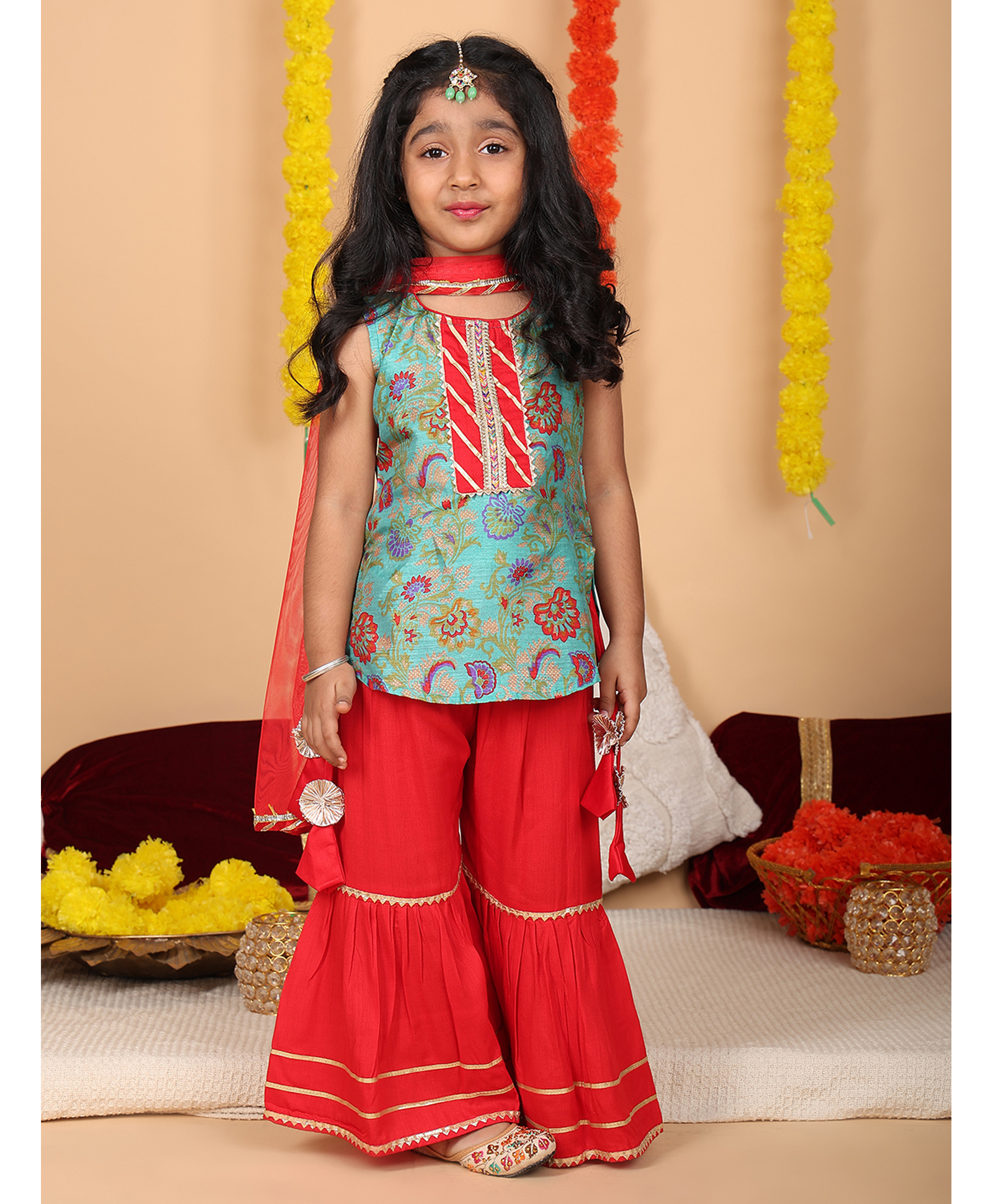 Kinder Kids Cotton Woven Sleeveless Floral Printed & Gota Lace Embellished Kurti Sharara With Dupatta Set - Green-image-23