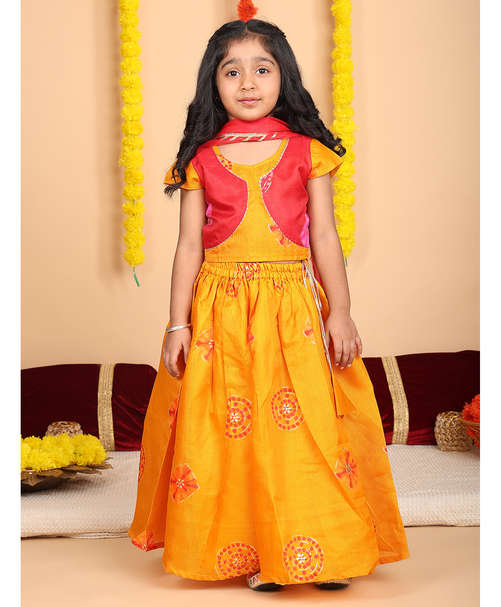 Kinder Kids Cotton Woven Cap Sleeves Kota Printed & Gota Lace Embellished Lehenga Choli With Dupatta Set - Yellow-image-2