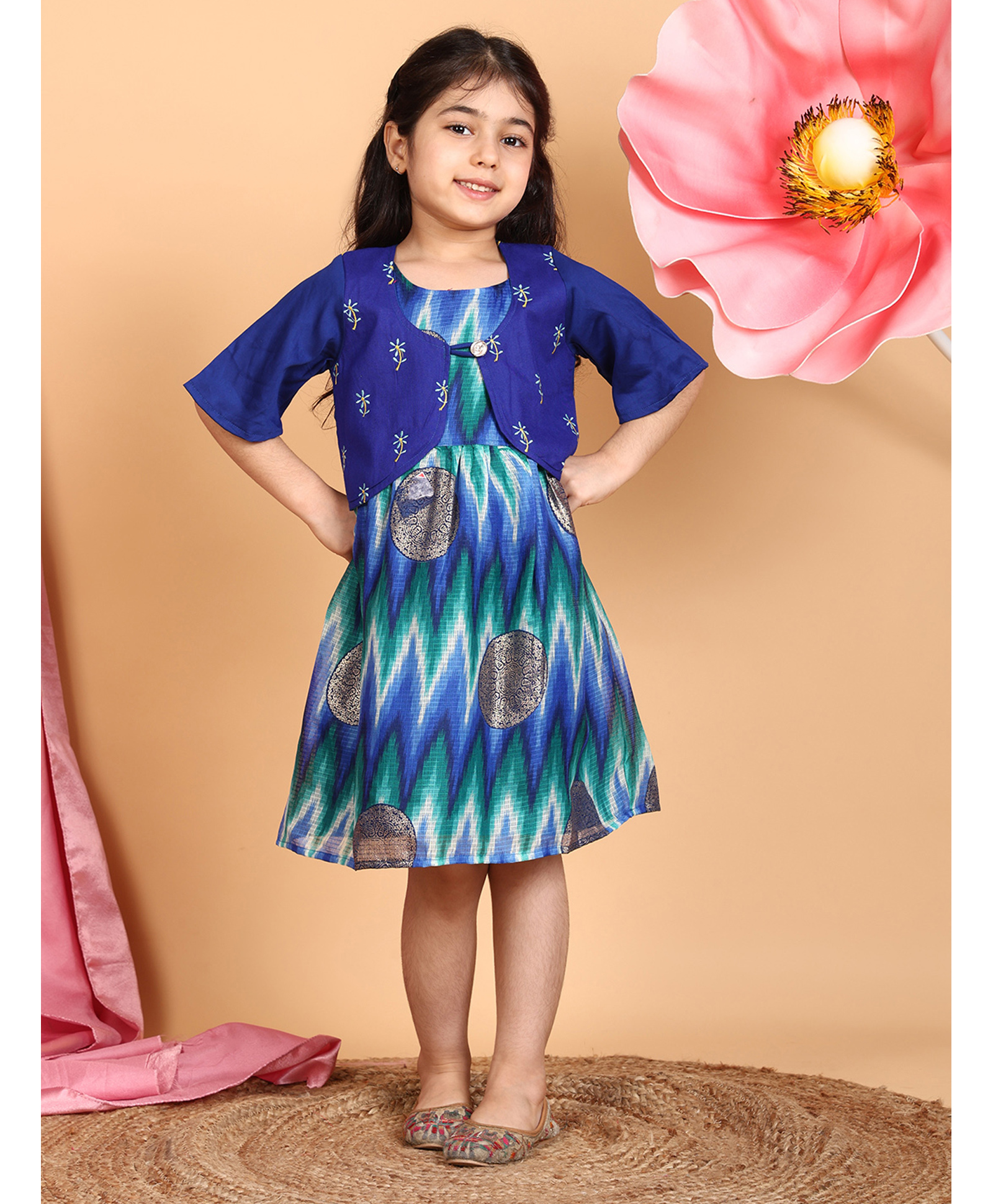 Kinder Kids Cotton Woven Mandala Foil Printed Dress With Three Fourth Sleeves Floral Embroidered Jacket - Blue-image-16