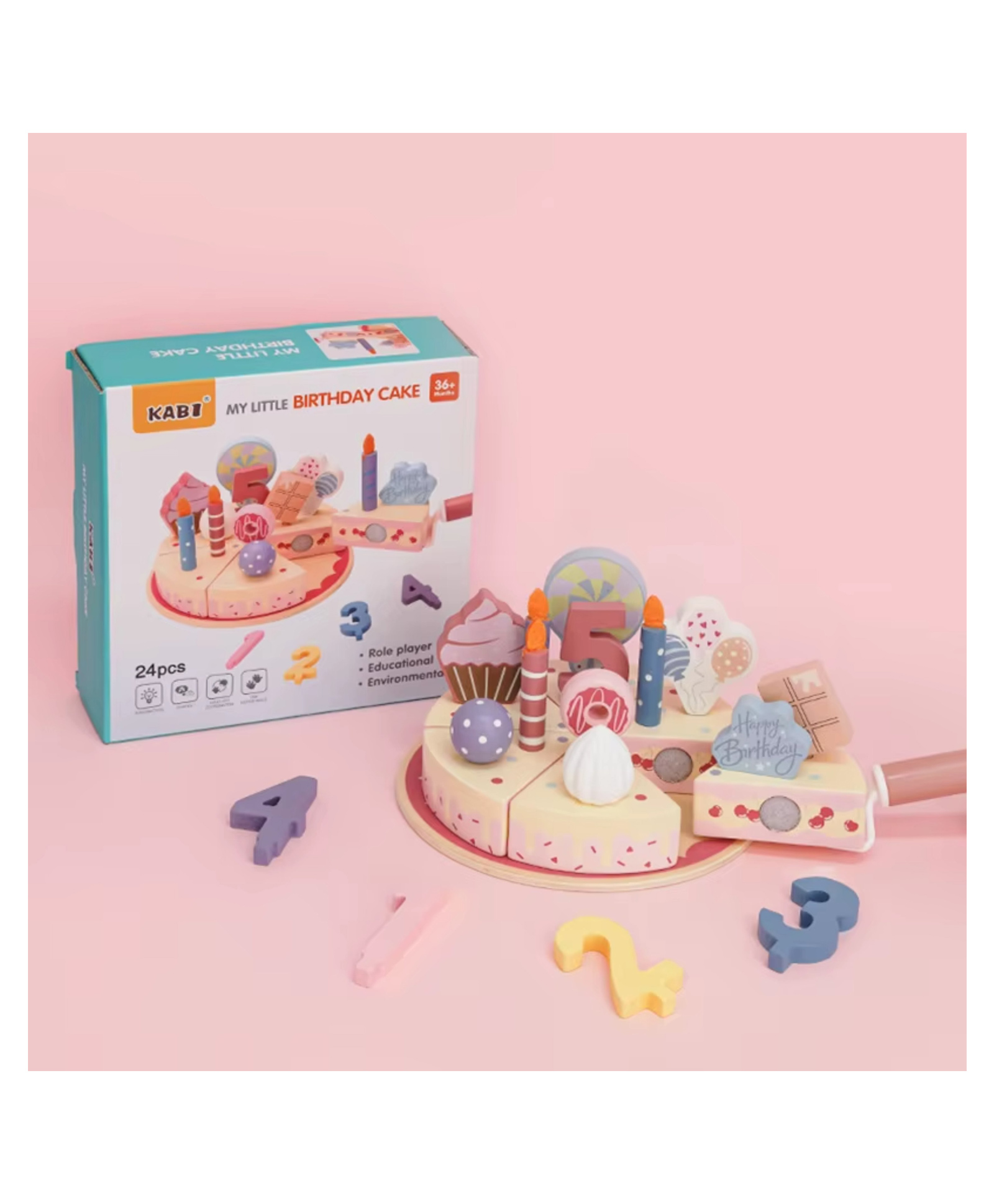 YAMAMA Wooden My Little Birthday Cake Set Toys For Kids, Wooden Role Play Educational Toys Fun Entertainment Pretend Play Set Kids Toys 24 Pcs - Multicolor-picture-16
