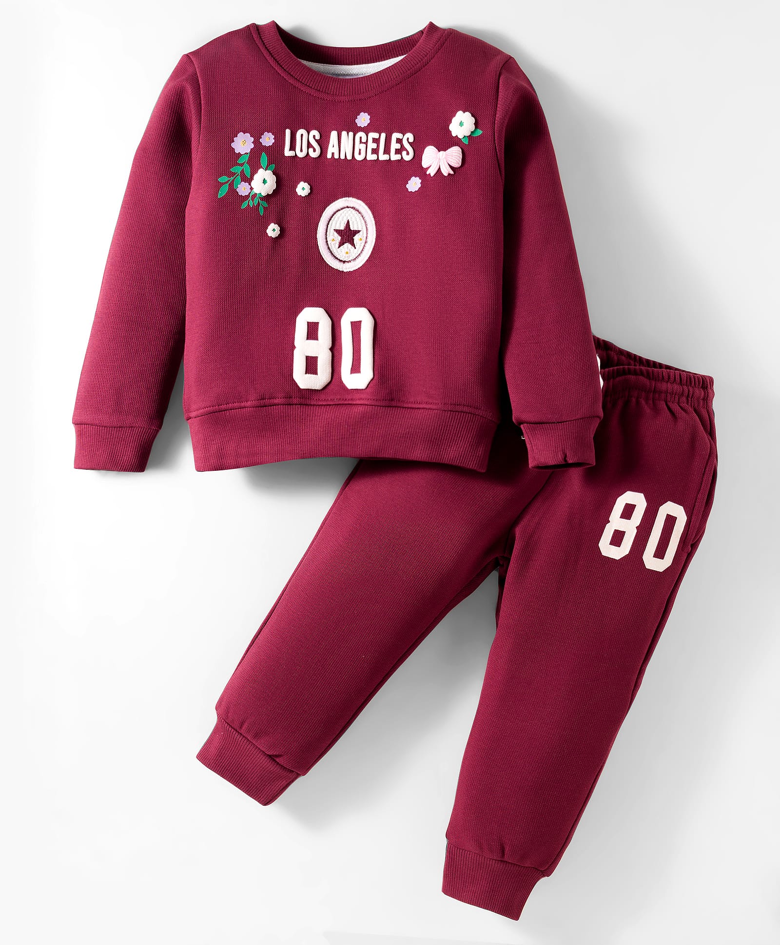 Smarty Girls Fleece Knit Full Sleeves Winter Wear T-Shirt & Lounge Pant Set With Floral & Text Embroidery - Maroon-image-3