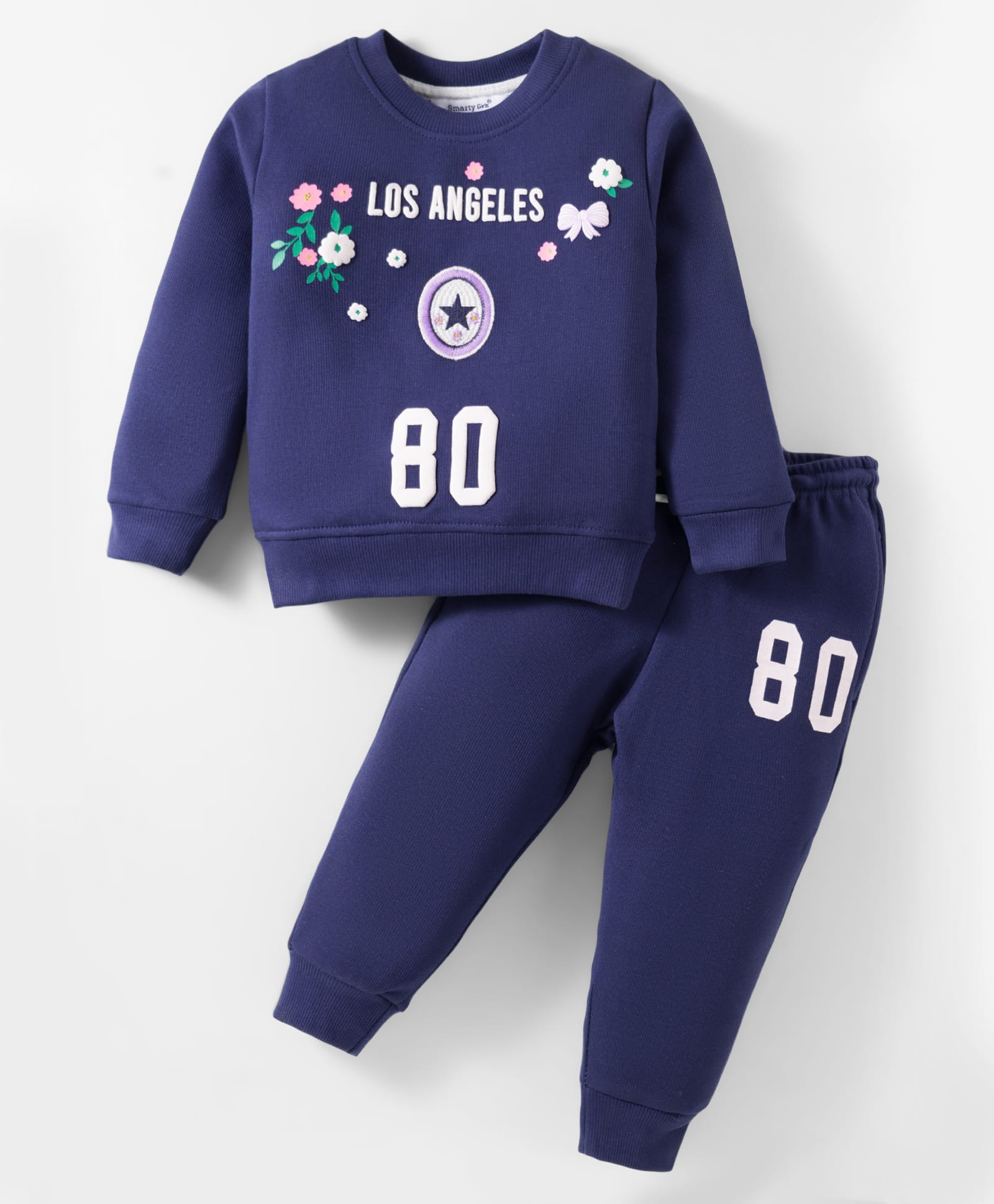 Smarty Girls Fleece Knit Full Sleeves Winter Wear T-Shirt & Lounge Pant Set With Floral & Text Embroidery - Navy Blue-image-49