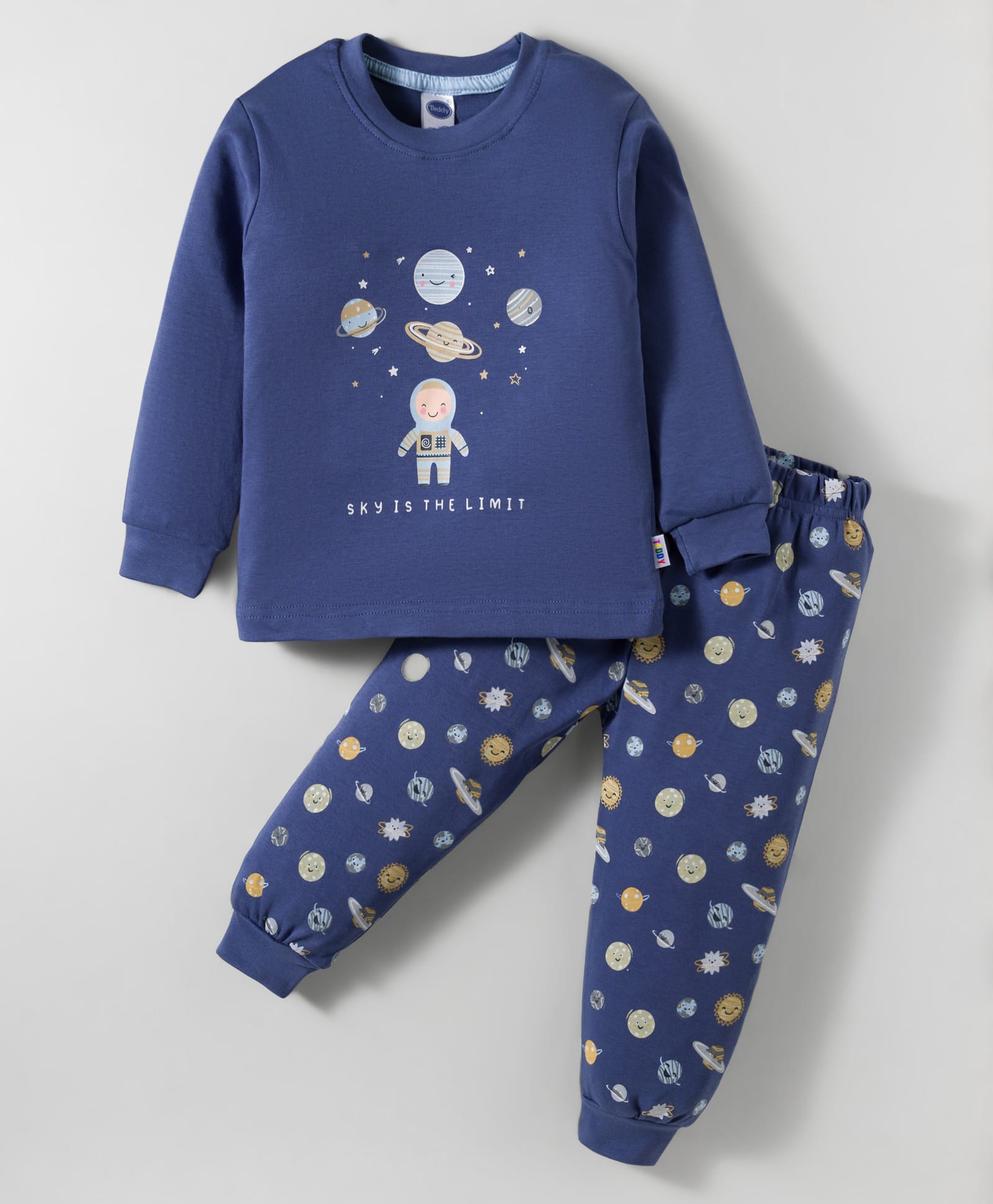 Teddy Interlock Knit Full Sleeves Night Suit With Space Theme Print - Navy Blue
