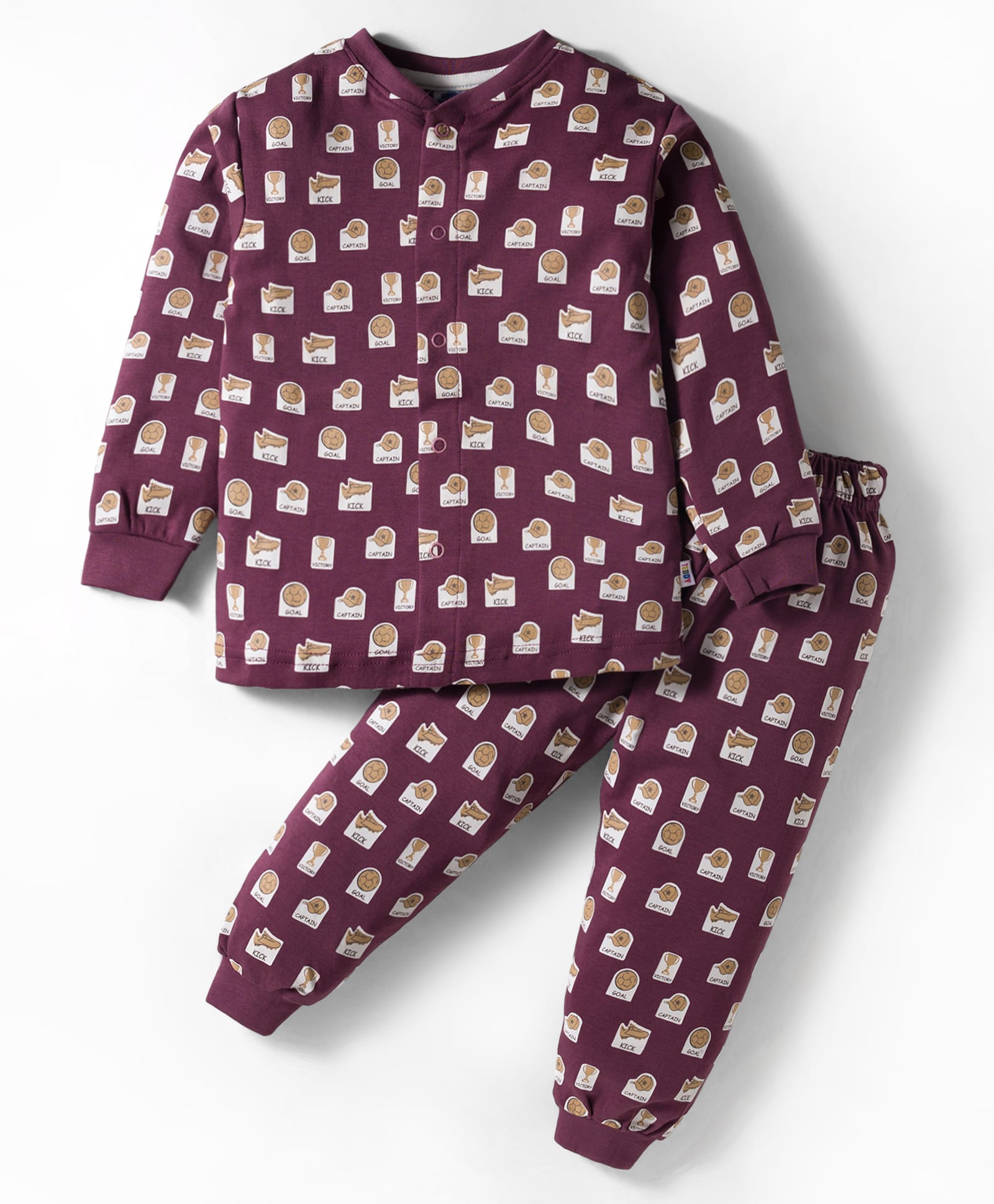 Teddy Interlock Knit Full Sleeves Co-ords Night Suit with Sports Theme Print - Purple