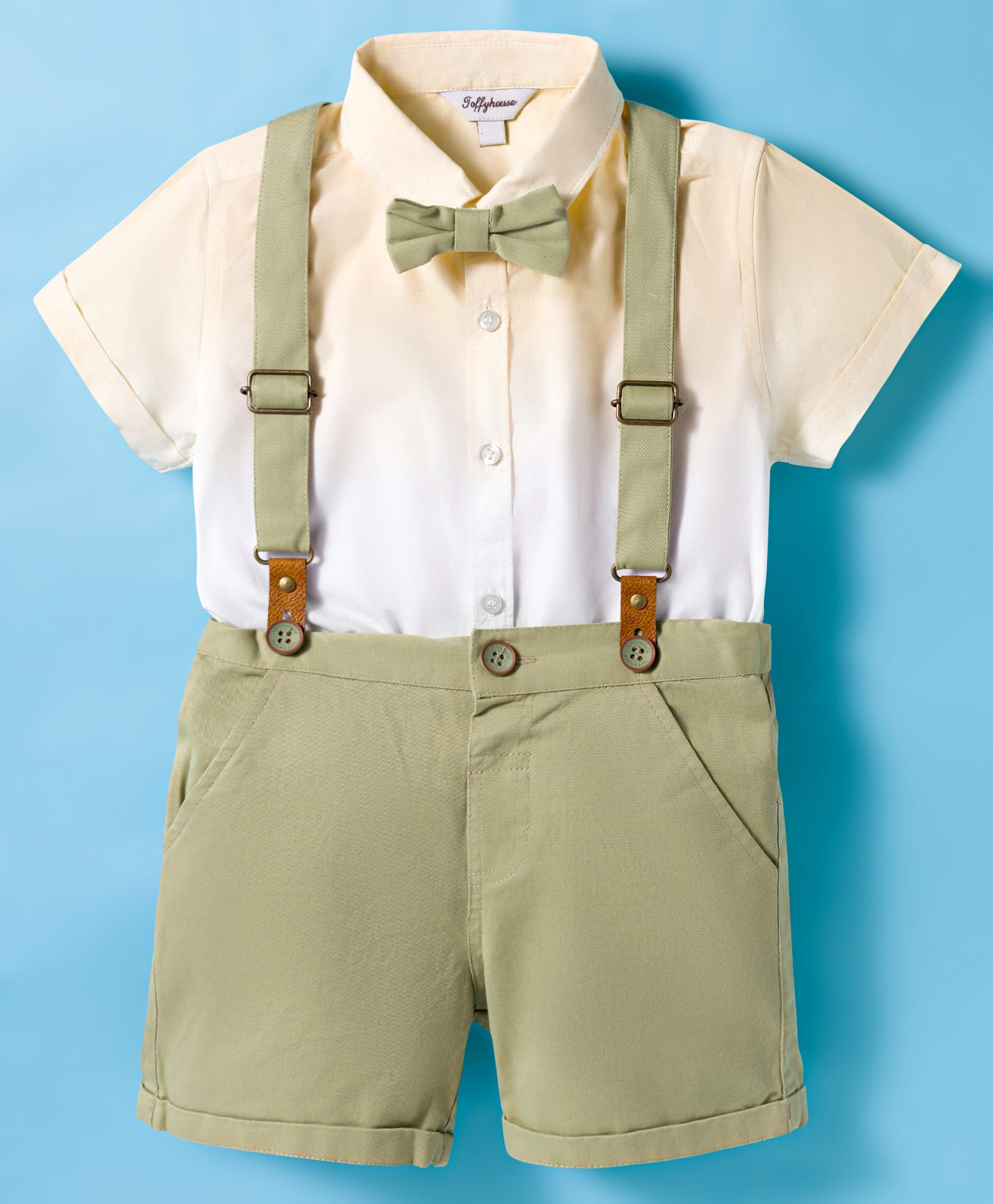 ToffyHouse Poplin Woven Half Sleeves Ombre Shirt & Shorts Set with Suspenders & Bow with - Yellow & Olive Green-image-46