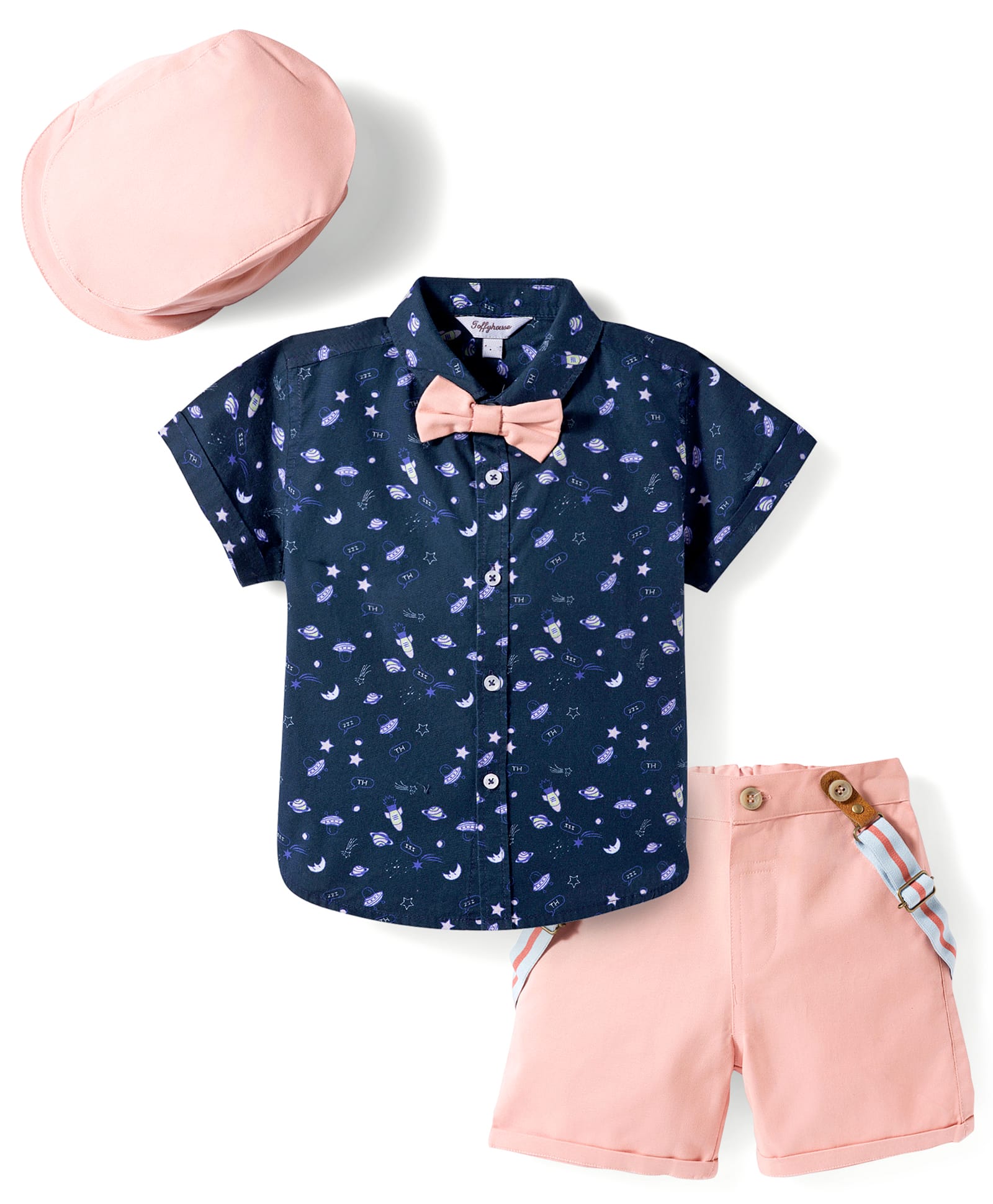 ToffyHouse Cotton Woven Half Sleeves Space Theme Printed Party Shirt & Shorts Set With Bow Suspender & Hat - Light Red & Navy Blue-picture-10