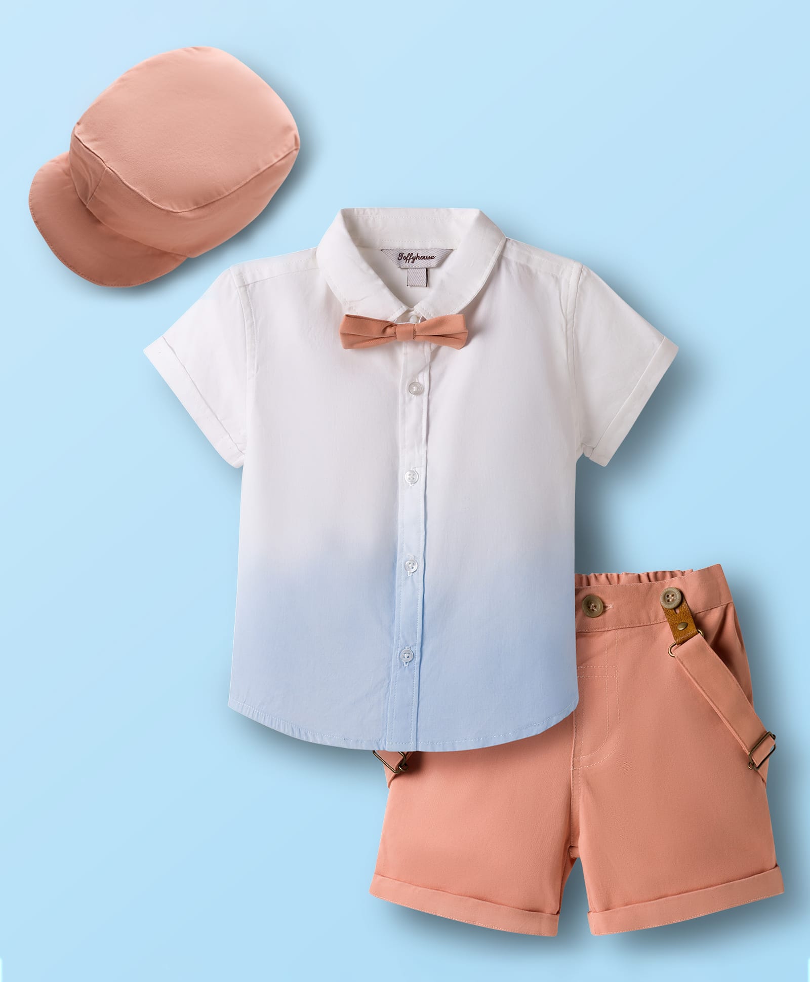 ToffyHouse Cotton Woven Half Sleeves Ombre Shirt & Shorts Set With Suspender Cap & Bow - Pink & Light Blue-picture-34