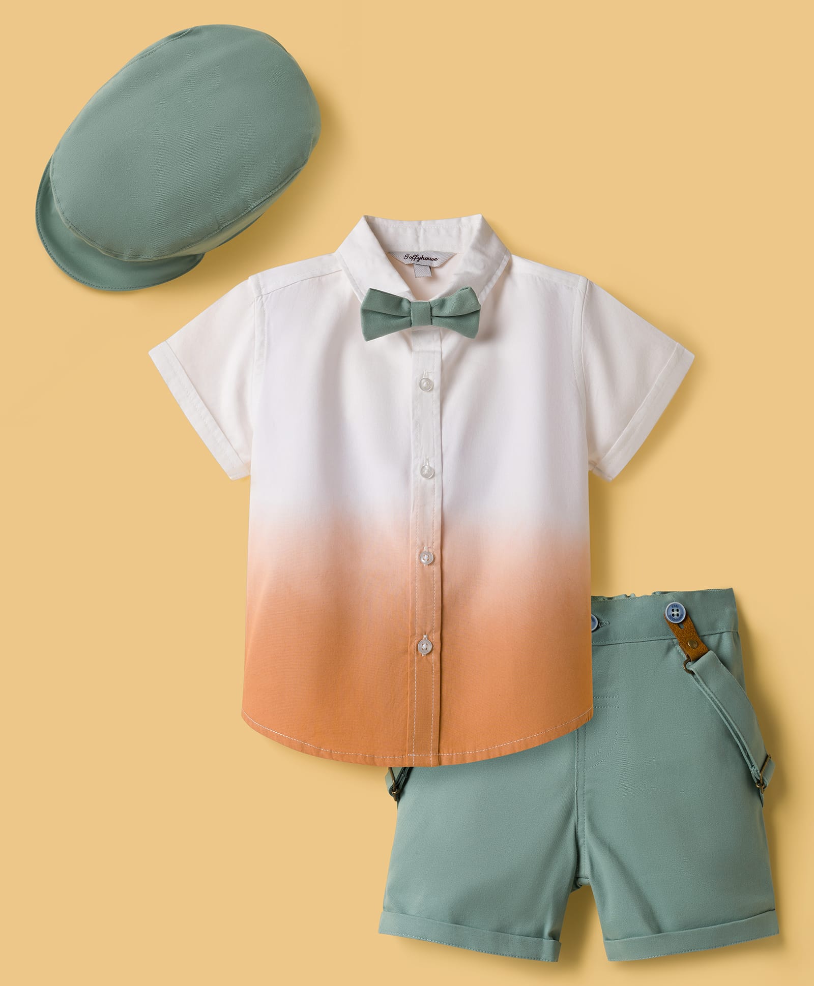 ToffyHouse Cotton Woven Half Sleeves Ombre Shirt & Shorts Set With Suspender Cap & Bow - Pink & Green-image-22