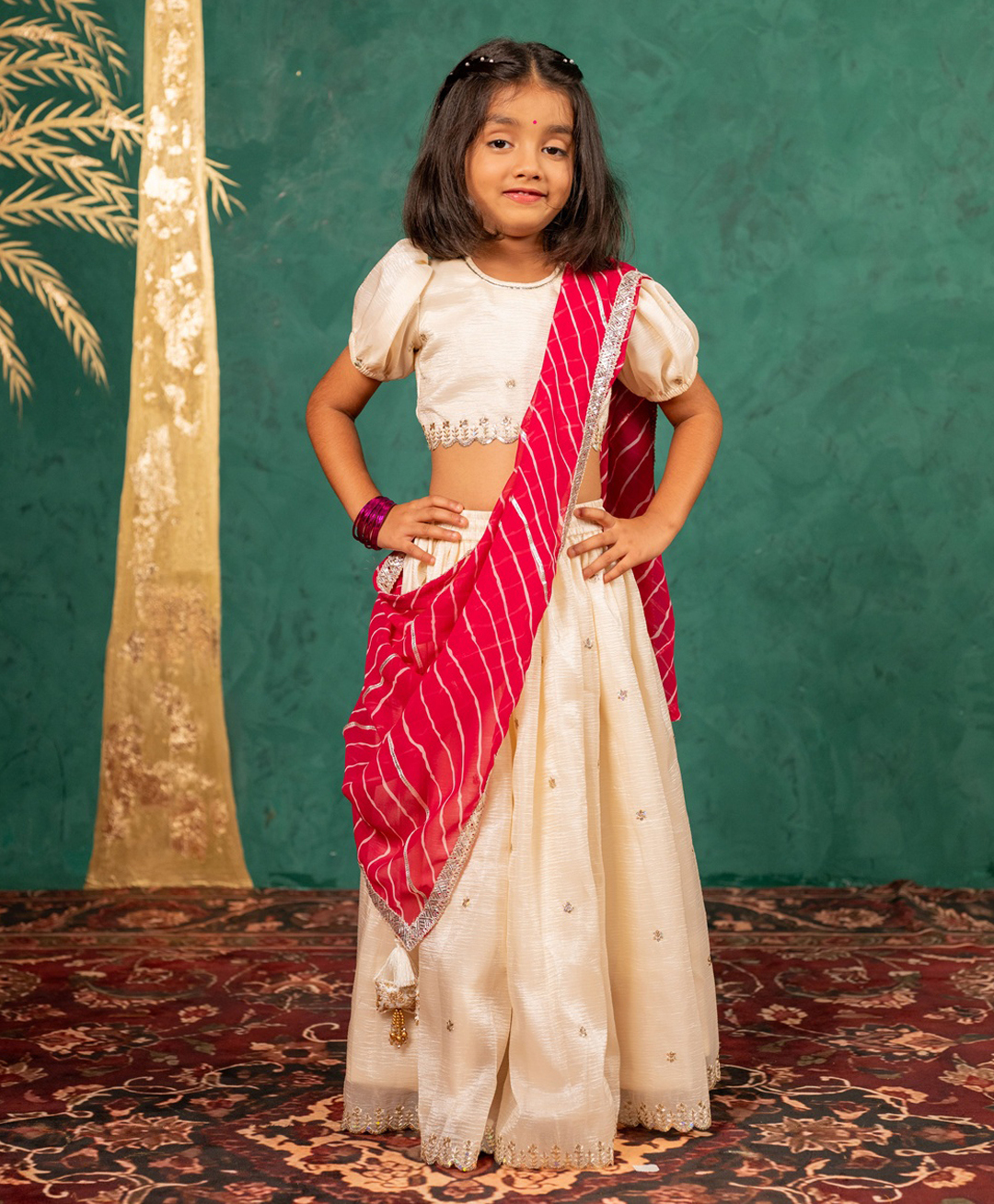Jilmil Georgette Woven Puffed Sleeves Embroidered Lehenga Choli With Dupatta Set - White-picture-16