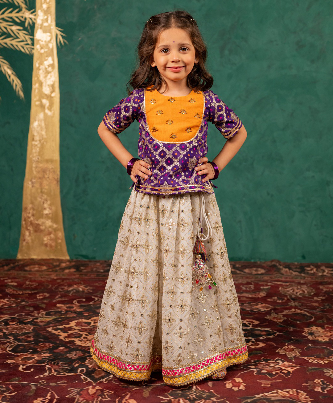 Jilmil Banarasi Bandhani Cotton Silk Woven Half Sleeves Embroidered Geometric Printed Lehenga Choli Set - Dark Purple-image-30