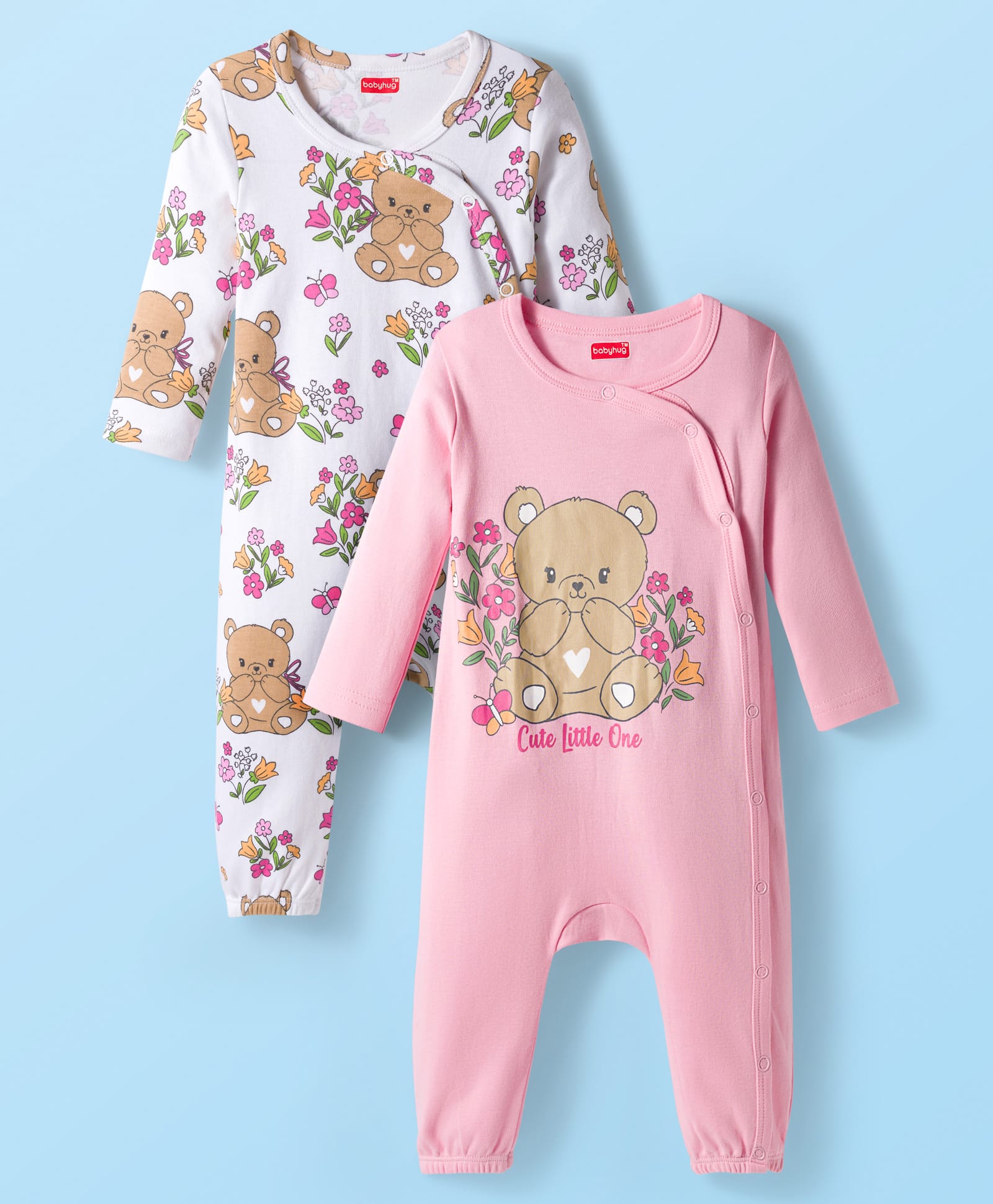 Babyhug 100% Cotton Interlock Knit Full Sleeves Rompers Pack Of 2 - Pink & White-image-19