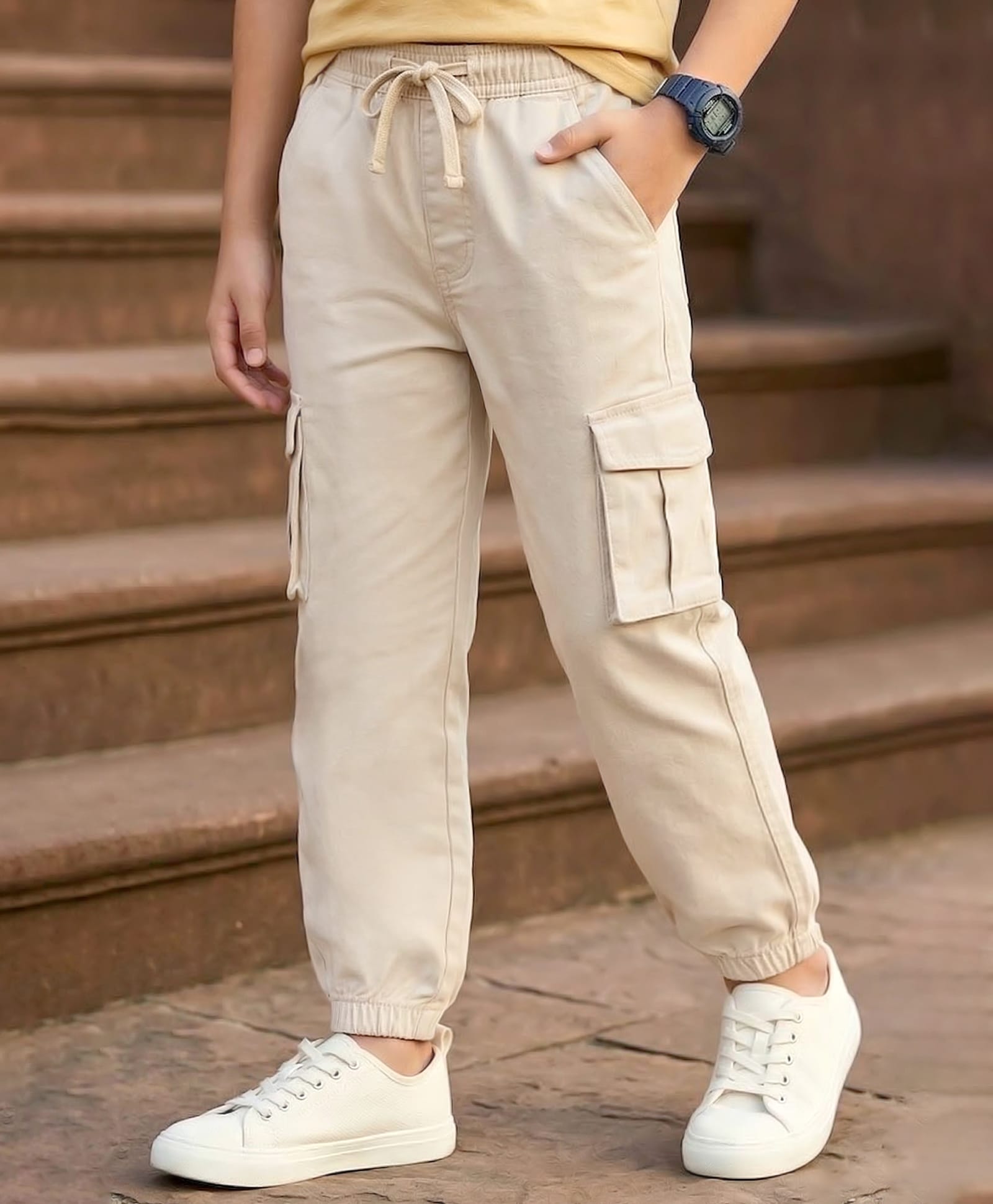 Pine Kids Cotton Elastane Woven Full Length Solid Color Trouser - Beige-picture-37