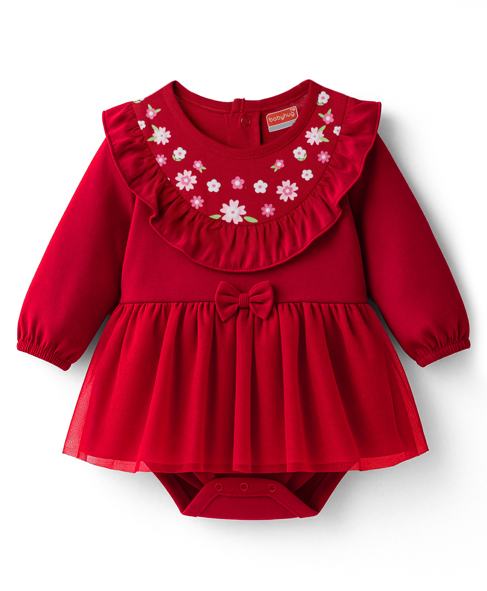 Babyhug 100% Cotton Knit Full Sleeves Frock Style Onesie With Floral Print & Bow Applique - Red