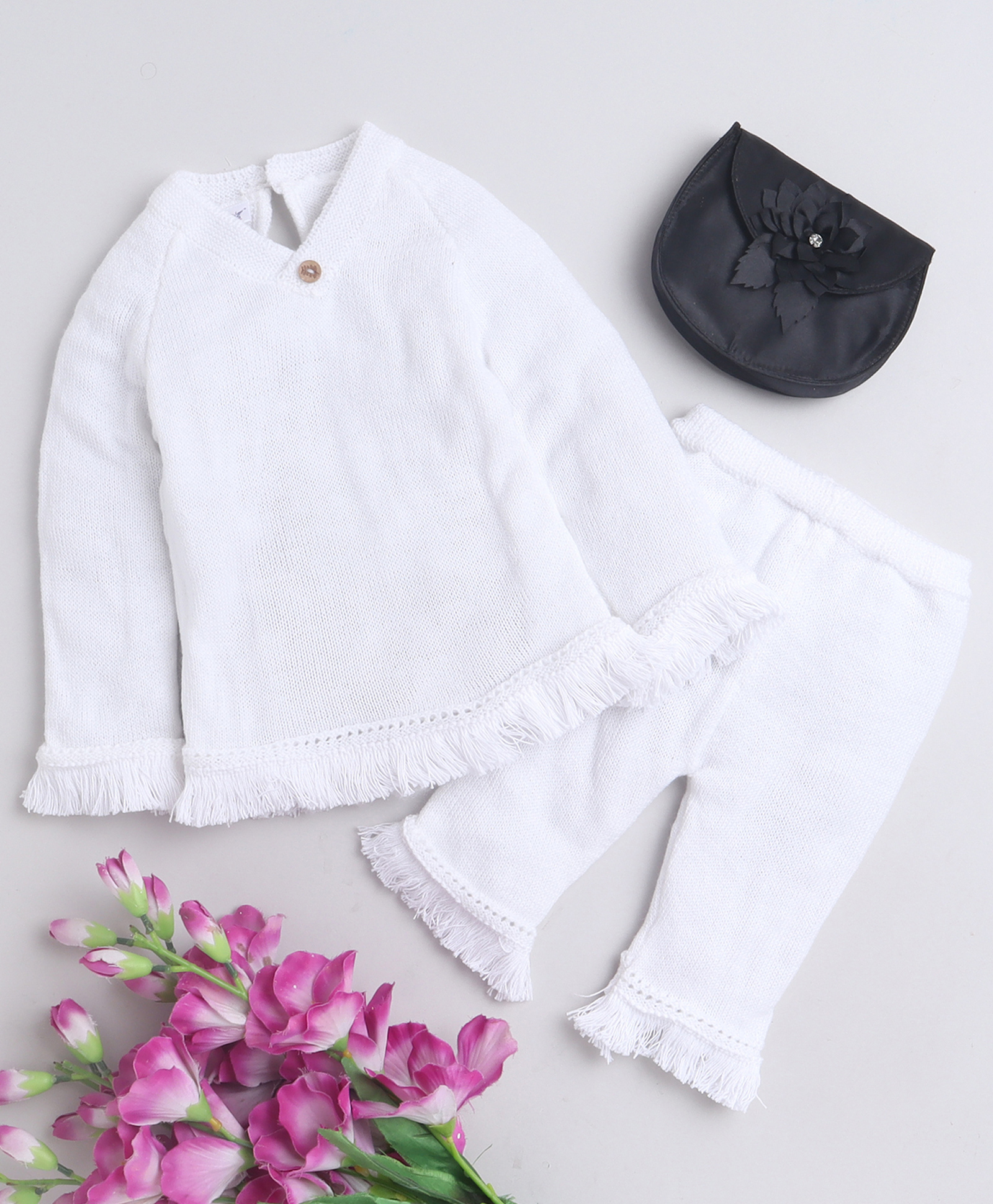 Little Angels Woollen Woven Full Sleeves Thread Work Lace Embellished Sweater & Pant Set - White-image-35