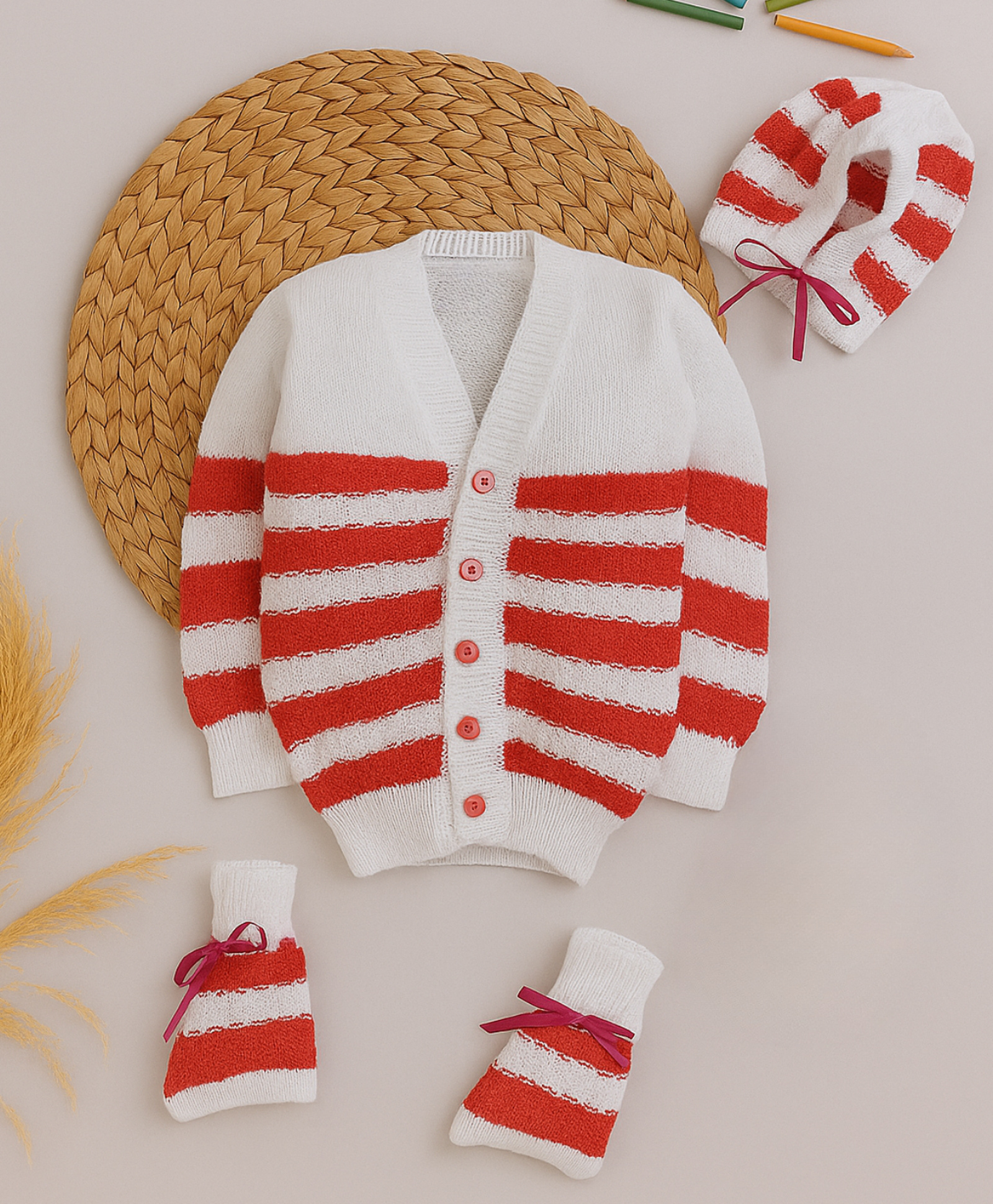 Little Angels Woollen Woven Full Sleeves Striped Cardigan With Cap & Socks - Red-image-26