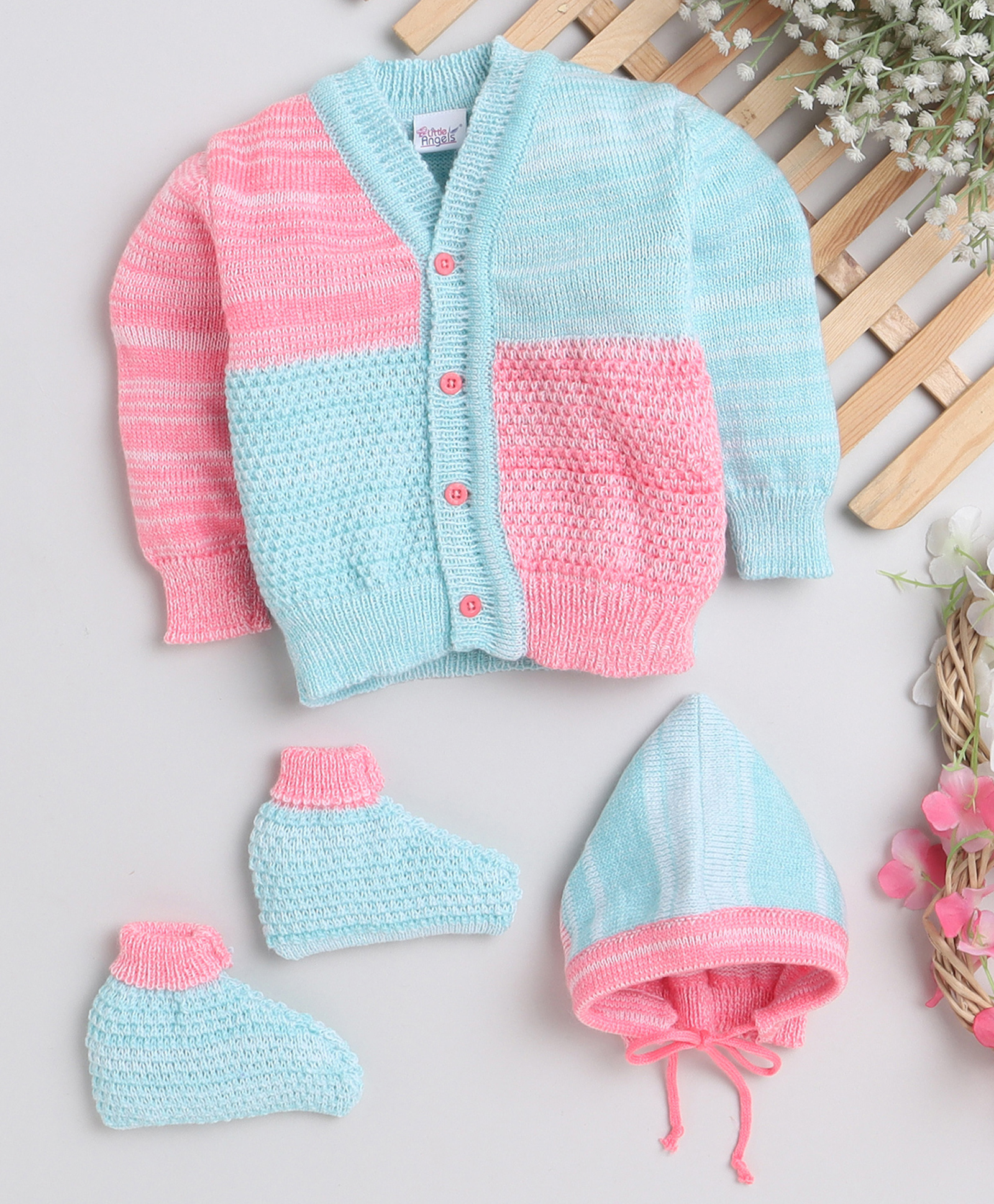 Little Angels Wollen Woven Full Sleeves Colour Blocked Cardigan With Cap & Socks Set - Green & Neon Pink-picture-13