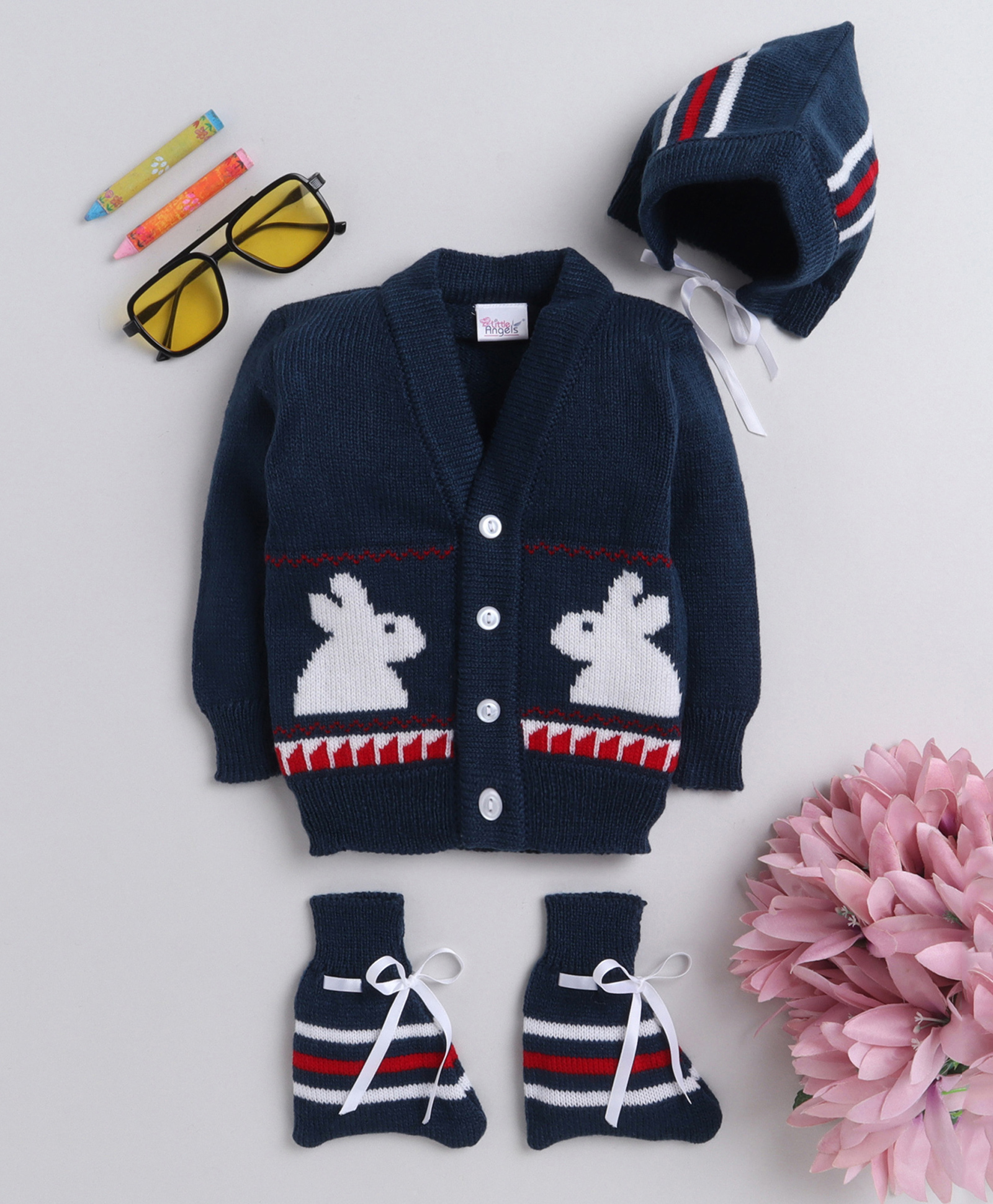 Little Angels Woollen Woven Full Sleeves Rabbit Designed Cardigan With Cap & Socks - Navy Blue-image-21