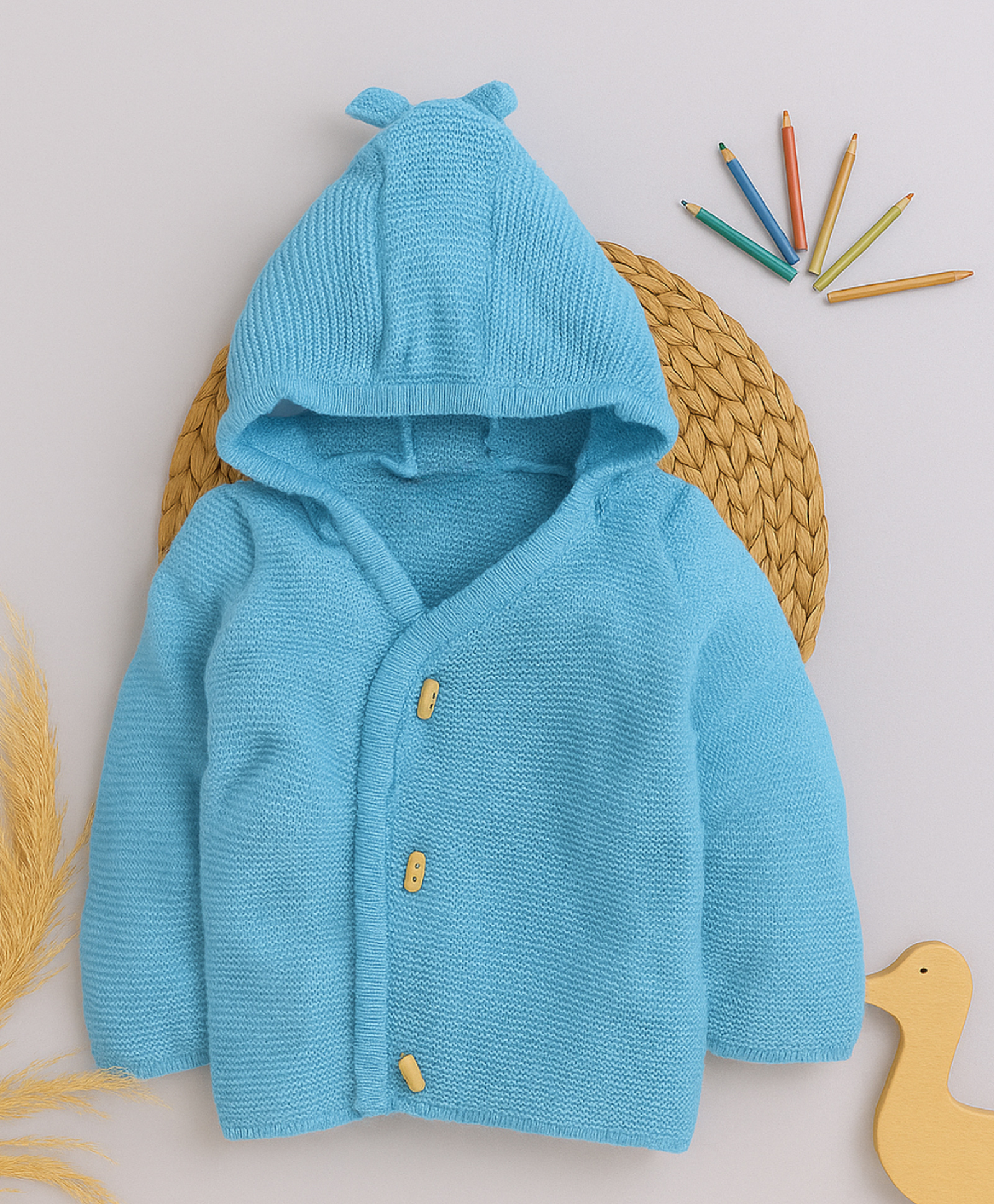 Little Angels Woollen Woven Full Sleeves Solid Hooded Cardigan - Blue-picture-17