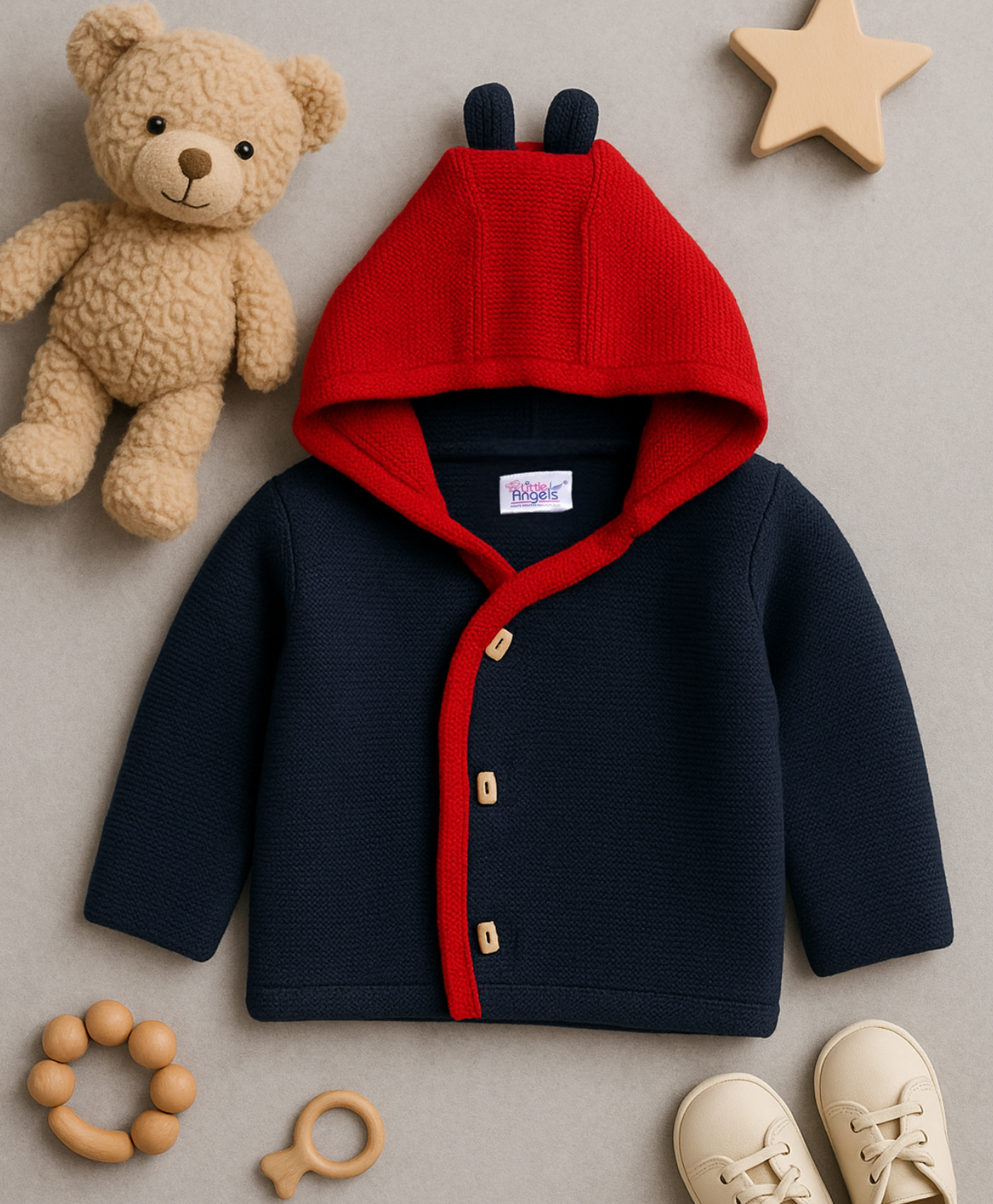 Little Angels Woollen Woven Full Sleeves Solid Hooded Cardigan - Navy Blue & Red-image-2