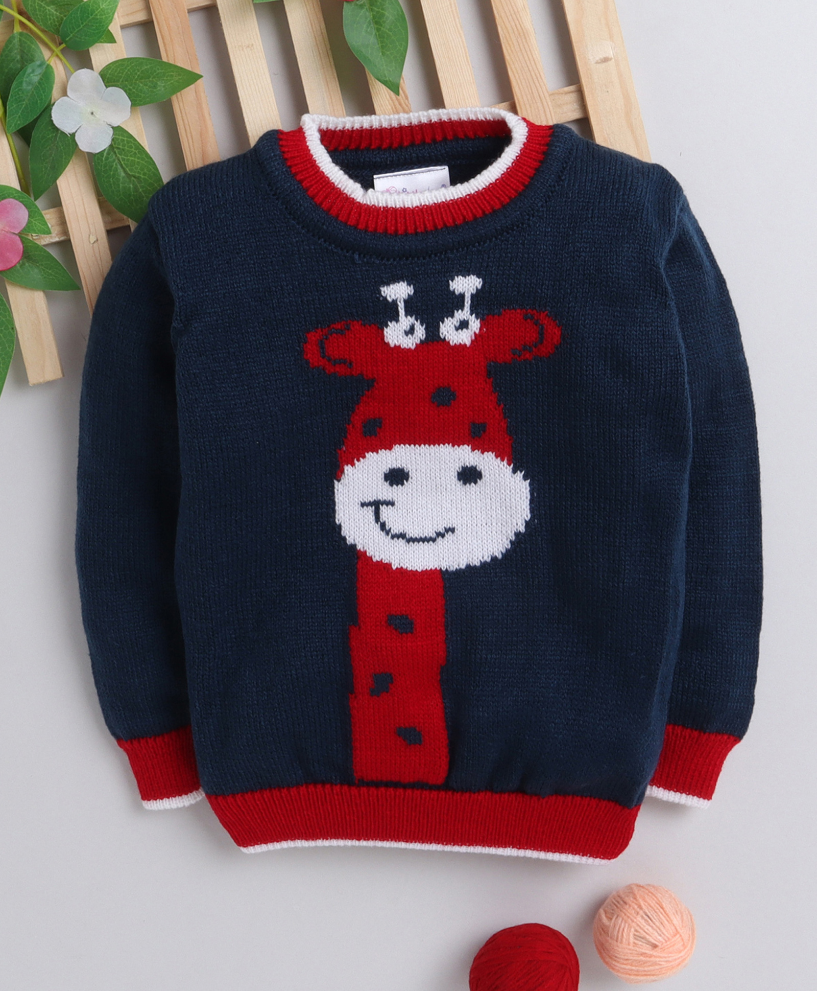 Little Angels Woollen Woven Full Sleeves Giraffe Designed Pullover - Navy Blue-picture-11