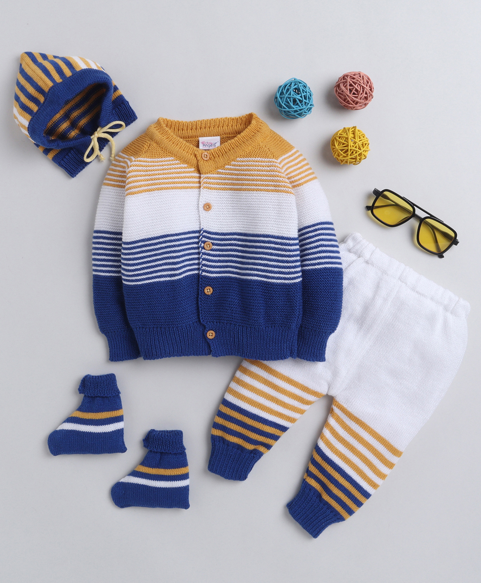 Little Angels Wollen Woven Full Sleeves Colour Blocked & Striped Sweater Set With Cap & Socks - Royal Blue & Mustard-image-14