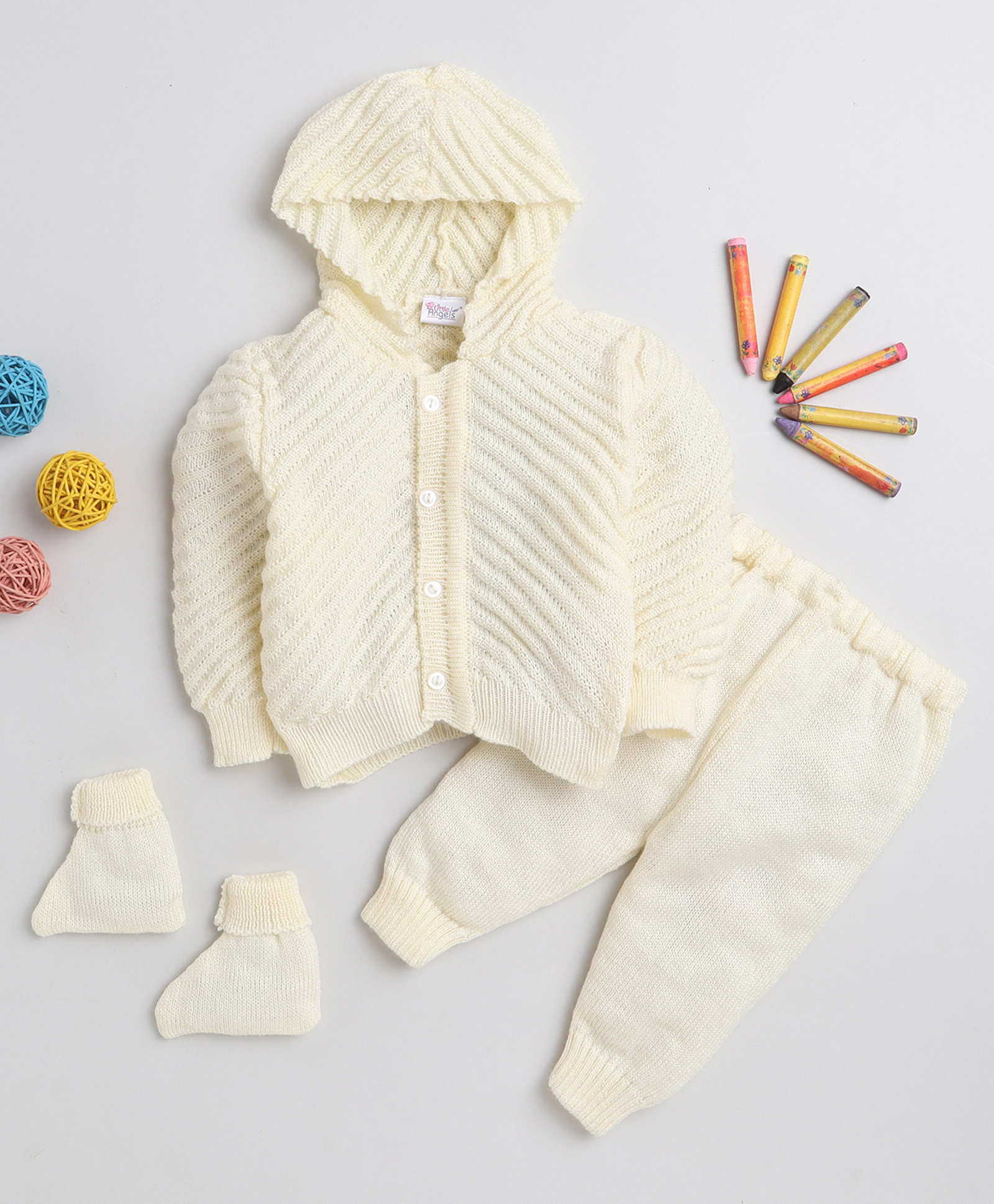 Little Angels Woollen Woven Full Sleeves Self Designed Hooded Sweater Set With Socks - Cream-picture-15