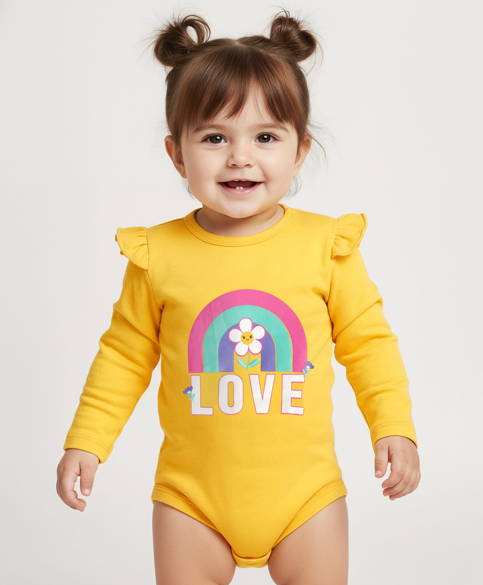 Babyhug 100% Cotton Knit Full Sleeves Onesie With Rainbow & Floral Print - Yellow-picture-27
